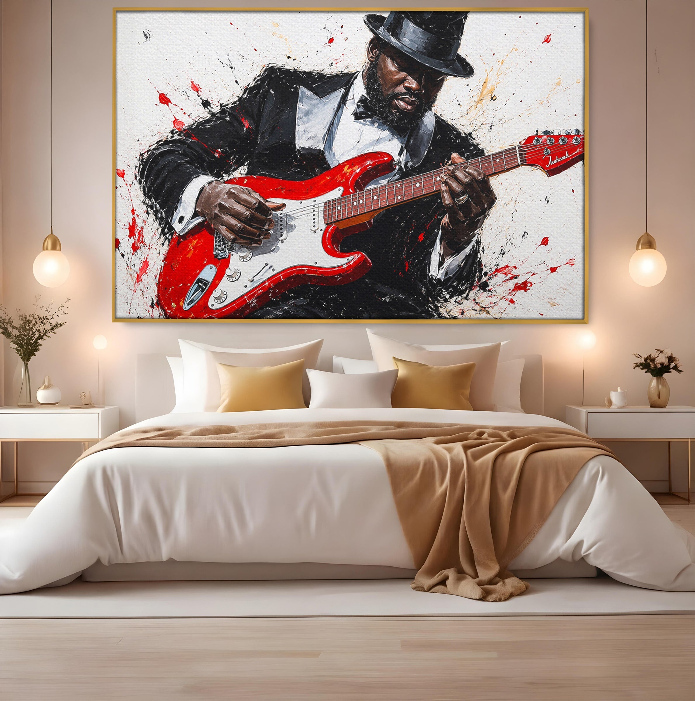 Tablou Canvas Premium LuxCanva® R1035, Chitaristul Elegant, Chitara, Muzician, Portret, Living, Eleganta, Culori Vibrante