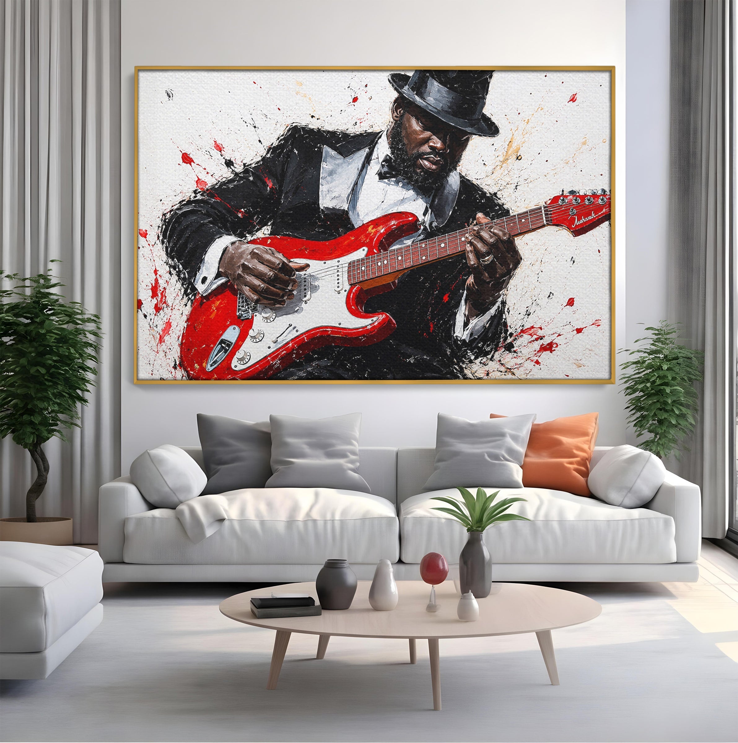 Tablou Canvas Premium LuxCanva® R1035, Chitaristul Elegant, Chitara, Muzician, Portret, Living, Eleganta, Culori Vibrante