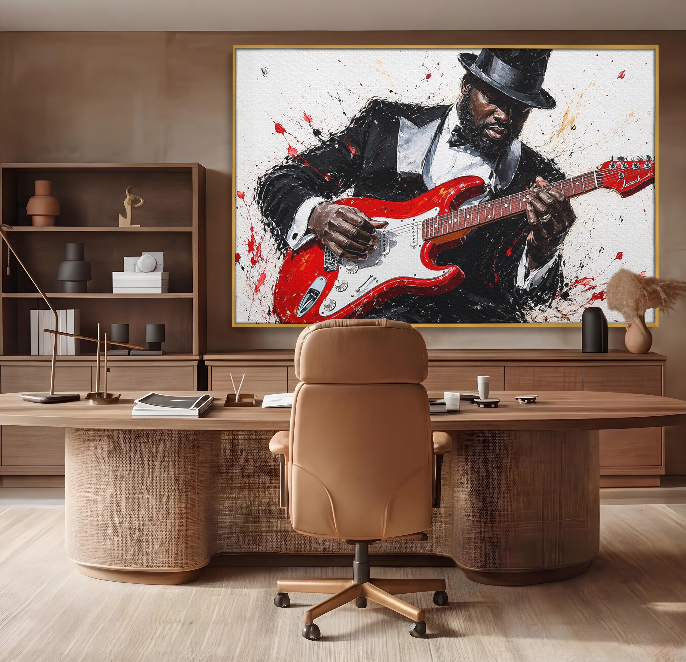Tablou Canvas Premium LuxCanva® R1035, Chitaristul Elegant, Chitara, Muzician, Portret, Living, Eleganta, Culori Vibrante