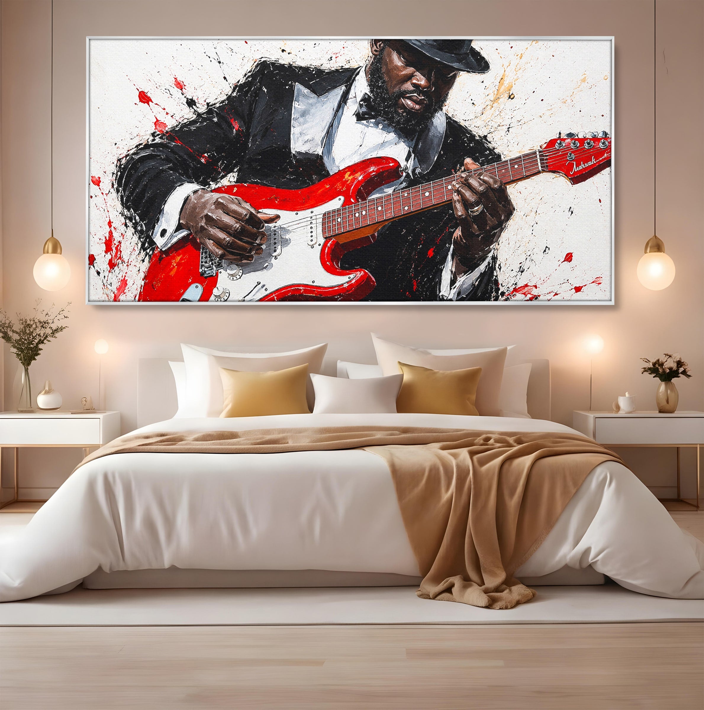 Tablou Canvas Premium LuxCanva® R1035, Chitaristul Elegant, Chitara, Muzician, Portret, Living, Eleganta, Culori Vibrante