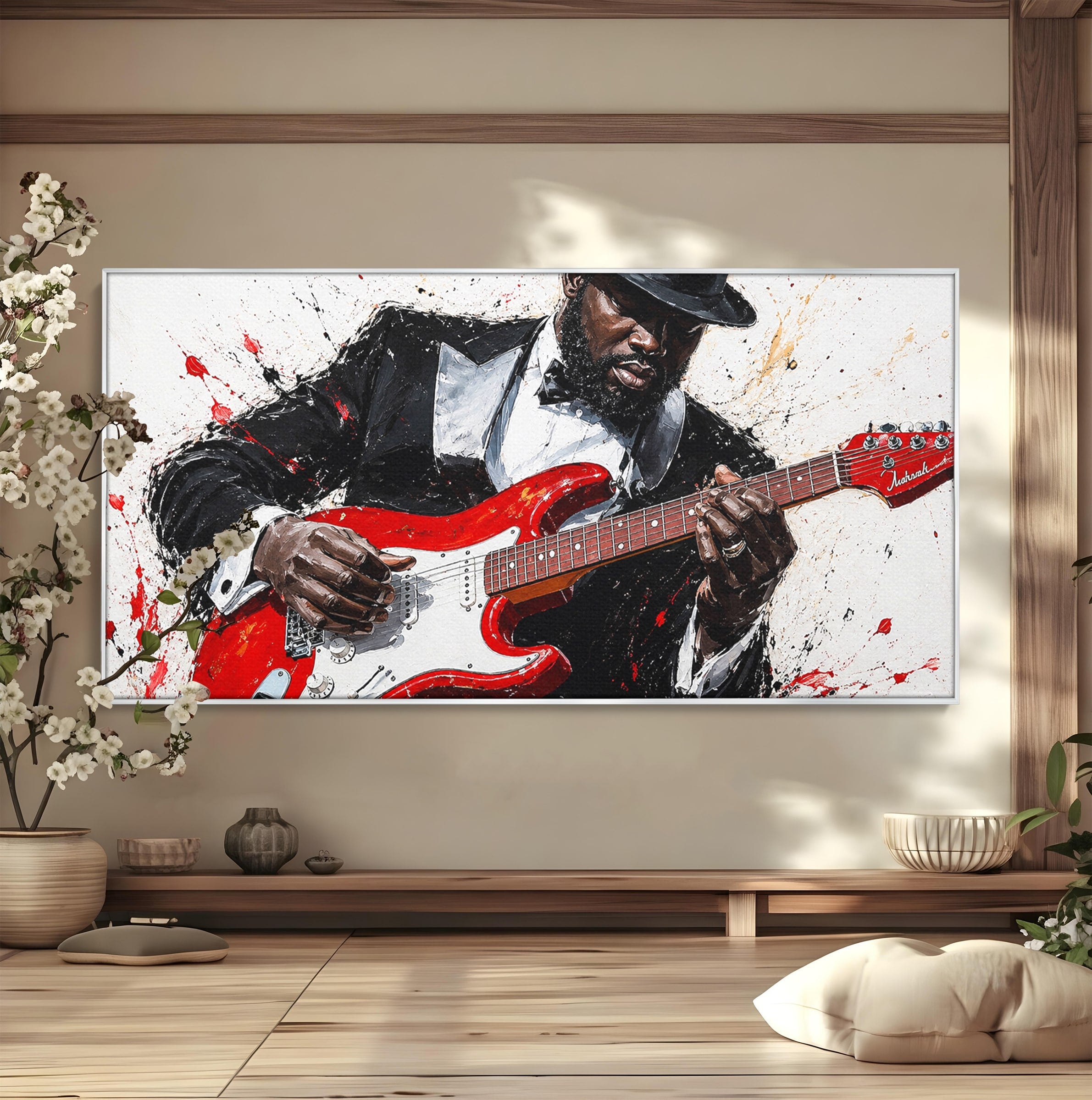 Tablou Canvas Premium LuxCanva® R1035, Chitaristul Elegant, Chitara, Muzician, Portret, Living, Eleganta, Culori Vibrante