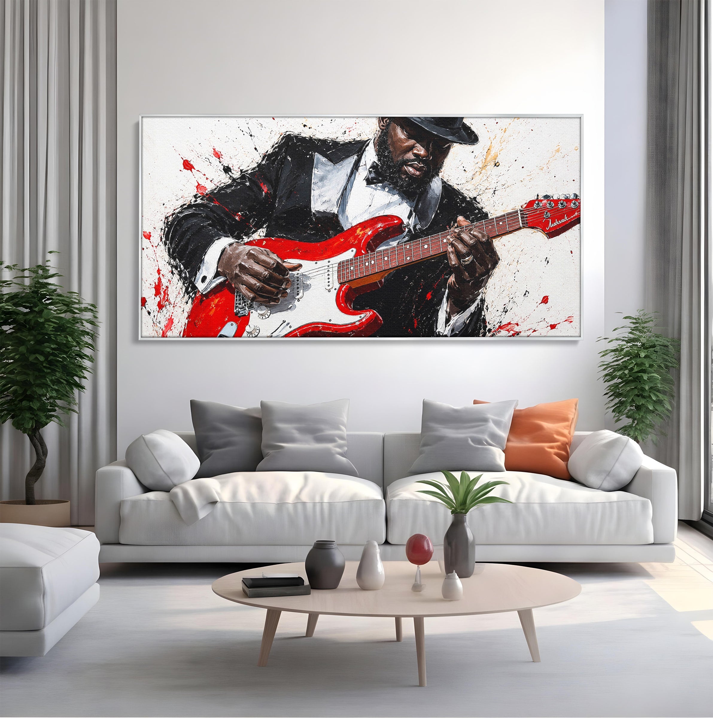Tablou Canvas Premium LuxCanva® R1035, Chitaristul Elegant, Chitara, Muzician, Portret, Living, Eleganta, Culori Vibrante