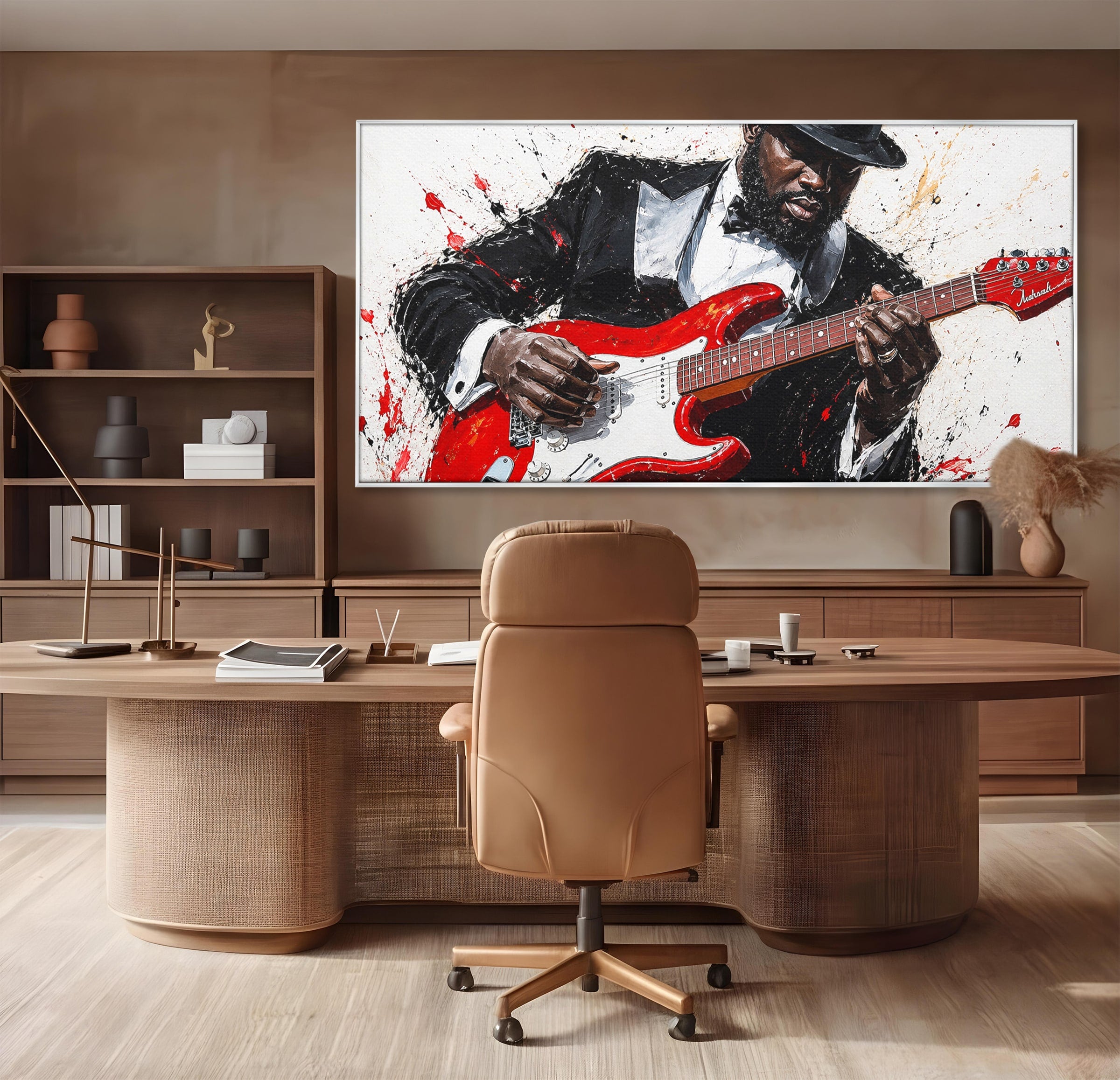 Tablou Canvas Premium LuxCanva® R1035, Chitaristul Elegant, Chitara, Muzician, Portret, Living, Eleganta, Culori Vibrante