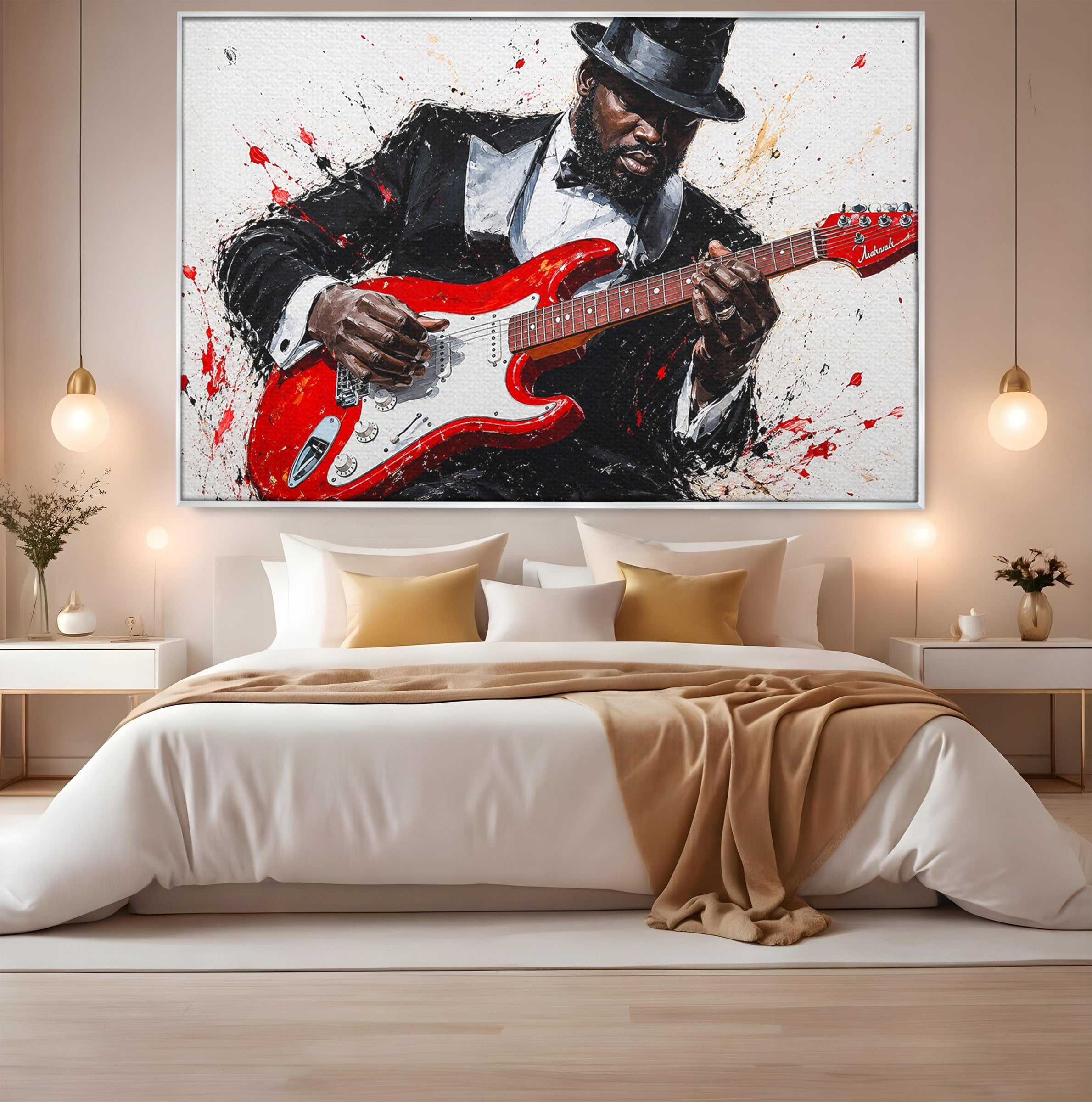 Tablou Canvas Premium LuxCanva® R1035, Chitaristul Elegant, Chitara, Muzician, Portret, Living, Eleganta, Culori Vibrante