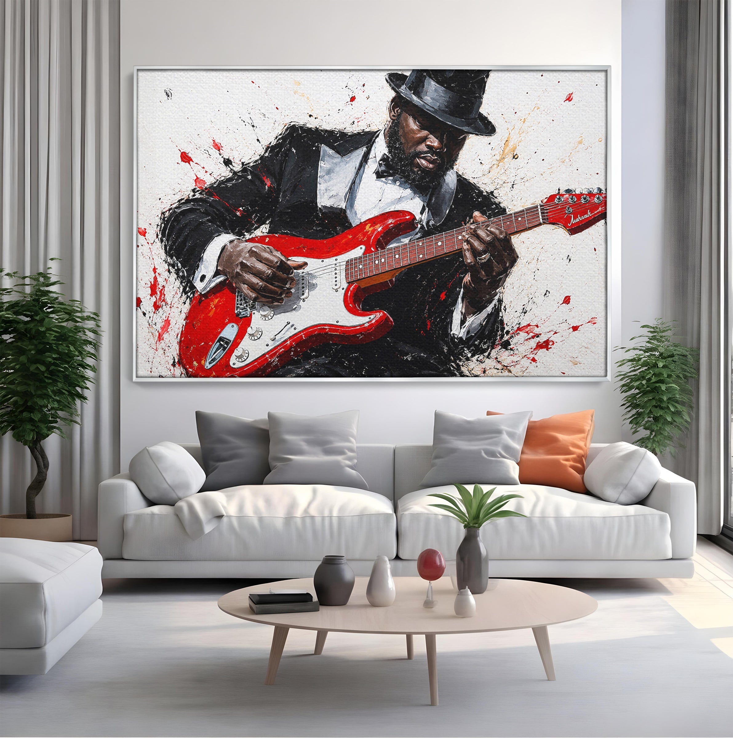 Tablou Canvas Premium LuxCanva® R1035, Chitaristul Elegant, Chitara, Muzician, Portret, Living, Eleganta, Culori Vibrante