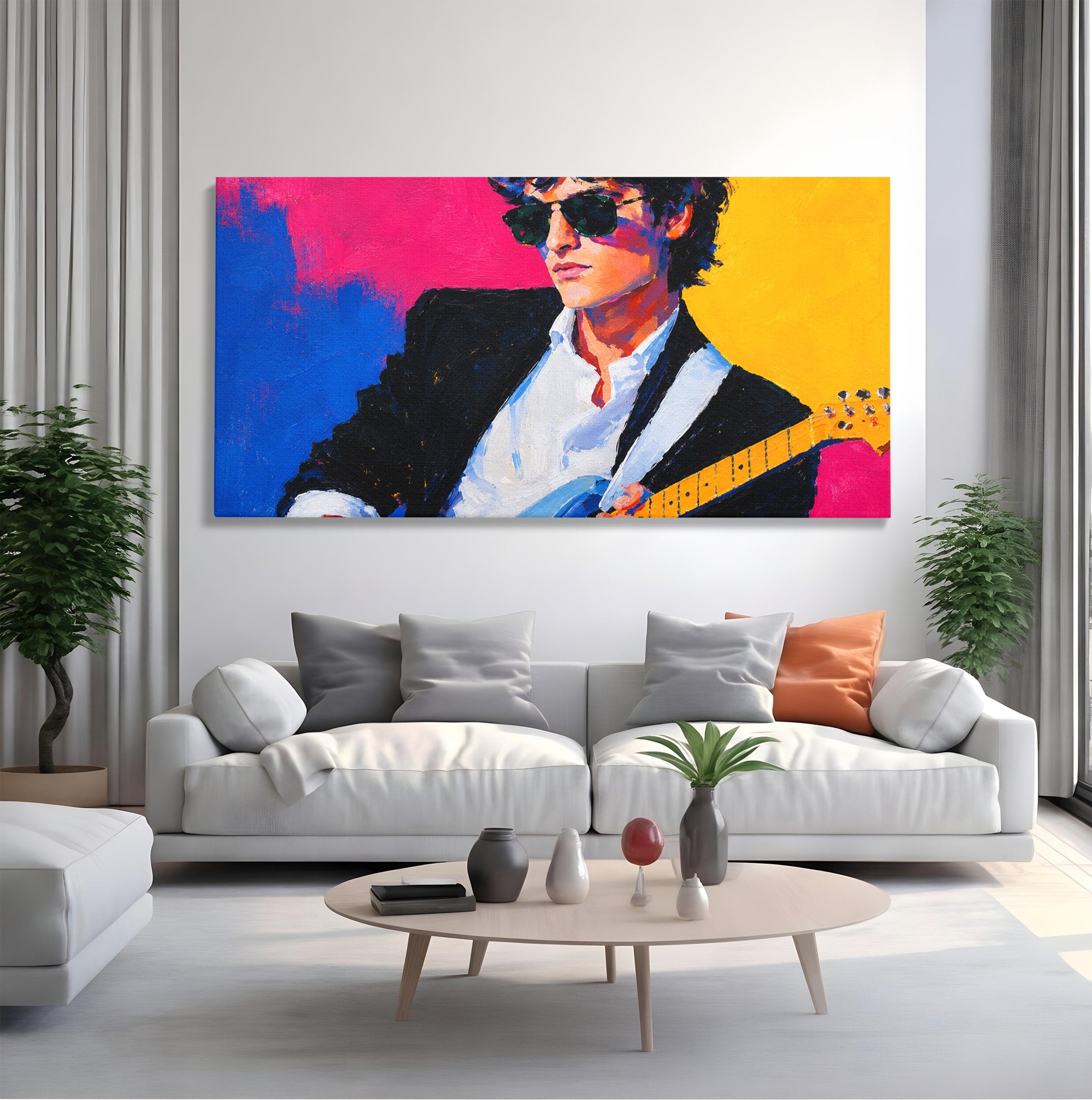 Tablou Canvas Premium LuxCanva® R1036, Chitaristul Retro, Chitarist, Retro, Portret, Muzica, Living, Culori Vibrante