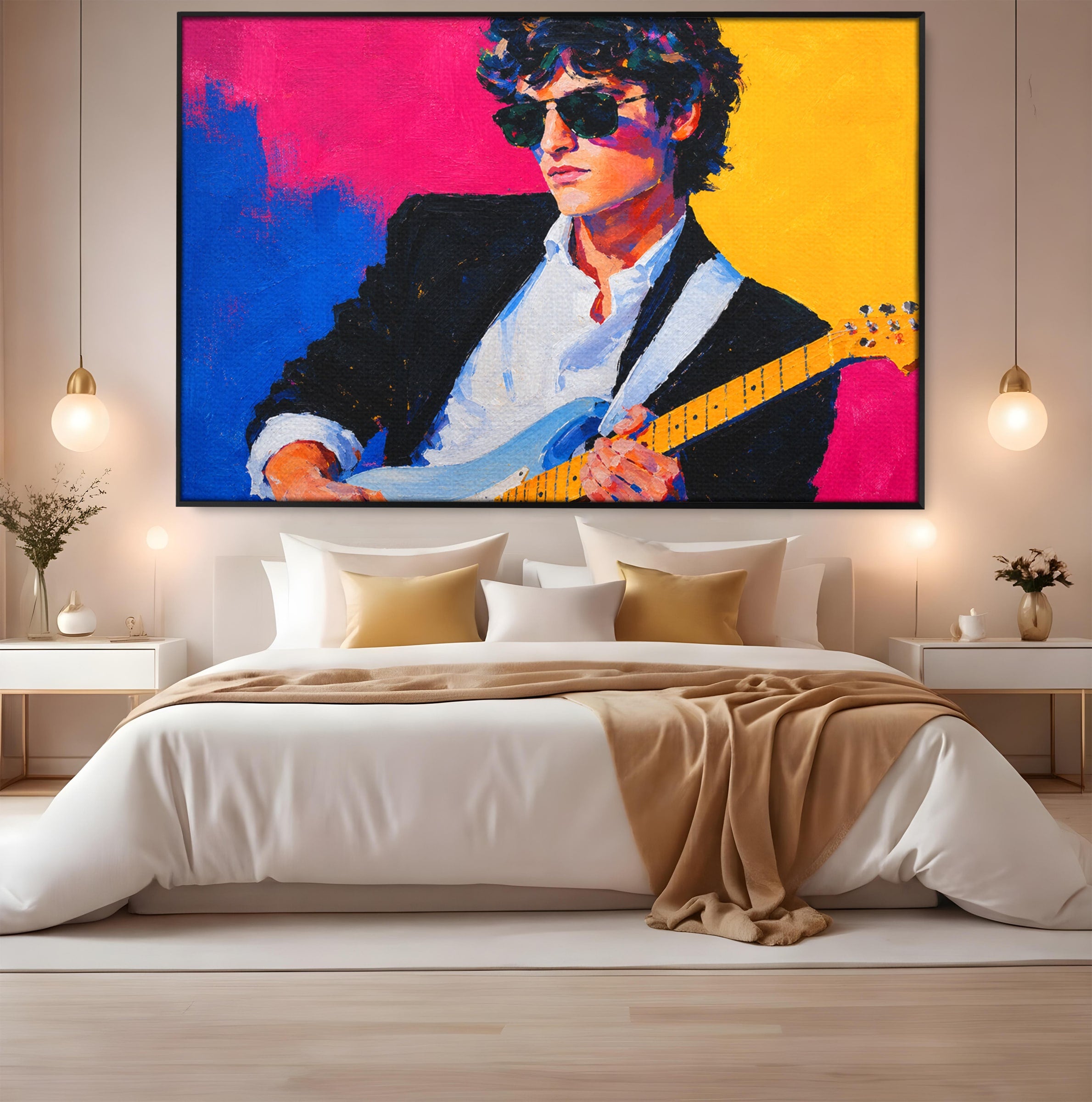 Tablou Canvas Premium LuxCanva® R1036, Chitaristul Retro, Chitarist, Retro, Portret, Muzica, Living, Culori Vibrante