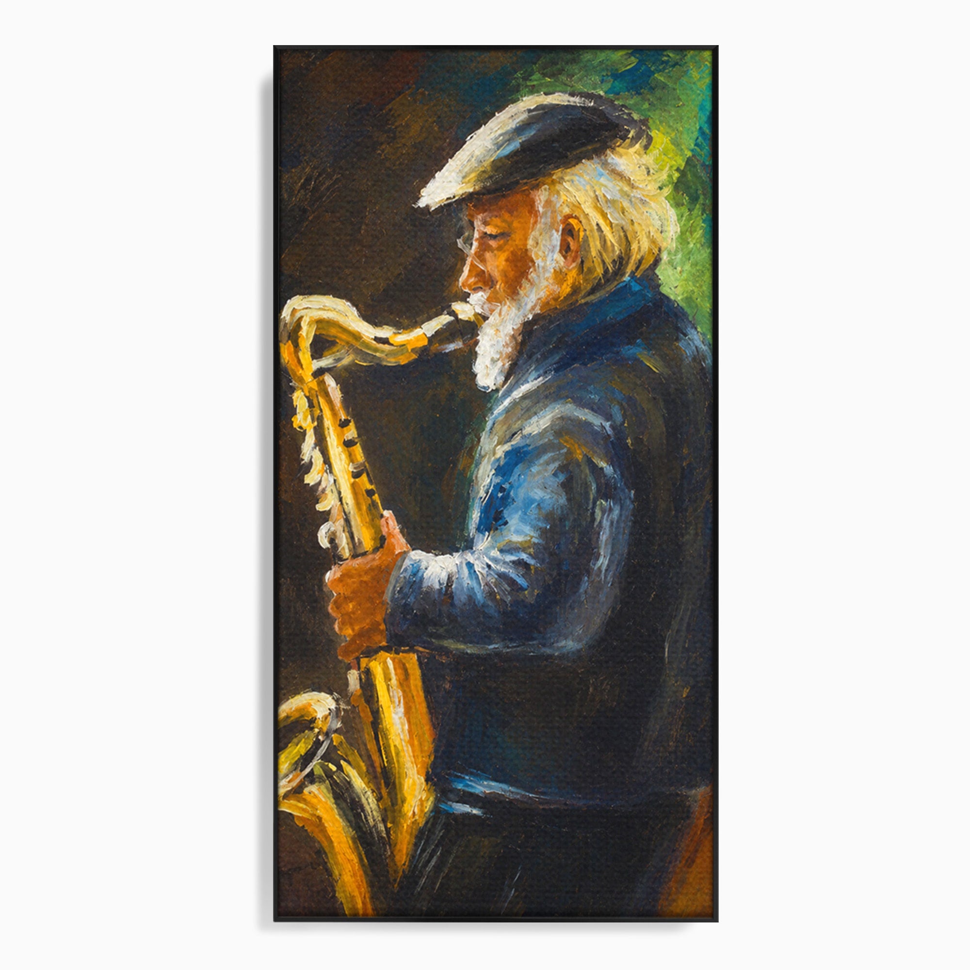 Tablou Canvas Premium LuxCanva® R1037, Saxofonistul Nostalgic, Muzician, Saxofon, Portret, Jazz, Living, Culori Vibrante