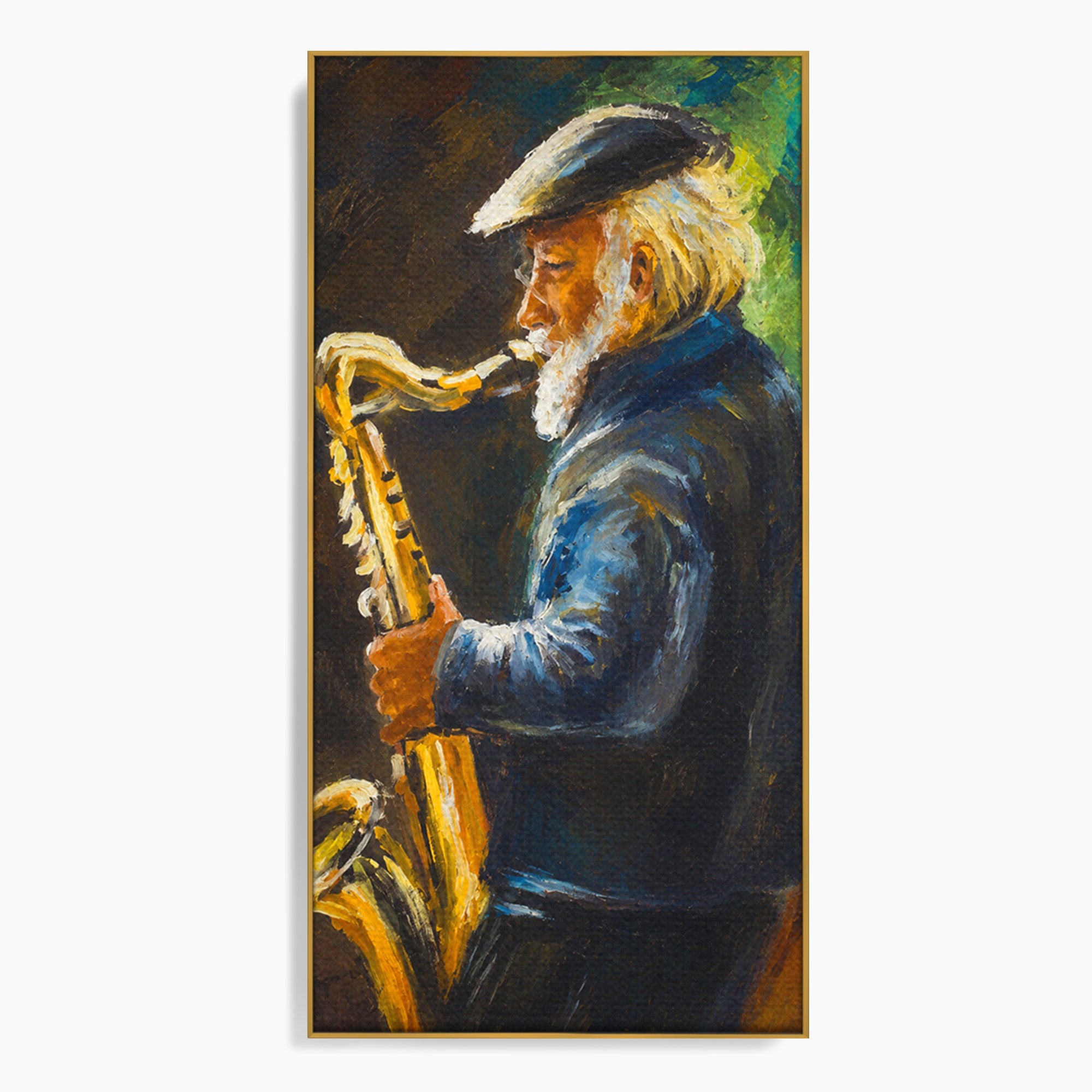 Tablou Canvas Premium LuxCanva® R1037, Saxofonistul Nostalgic, Muzician, Saxofon, Portret, Jazz, Living, Culori Vibrante