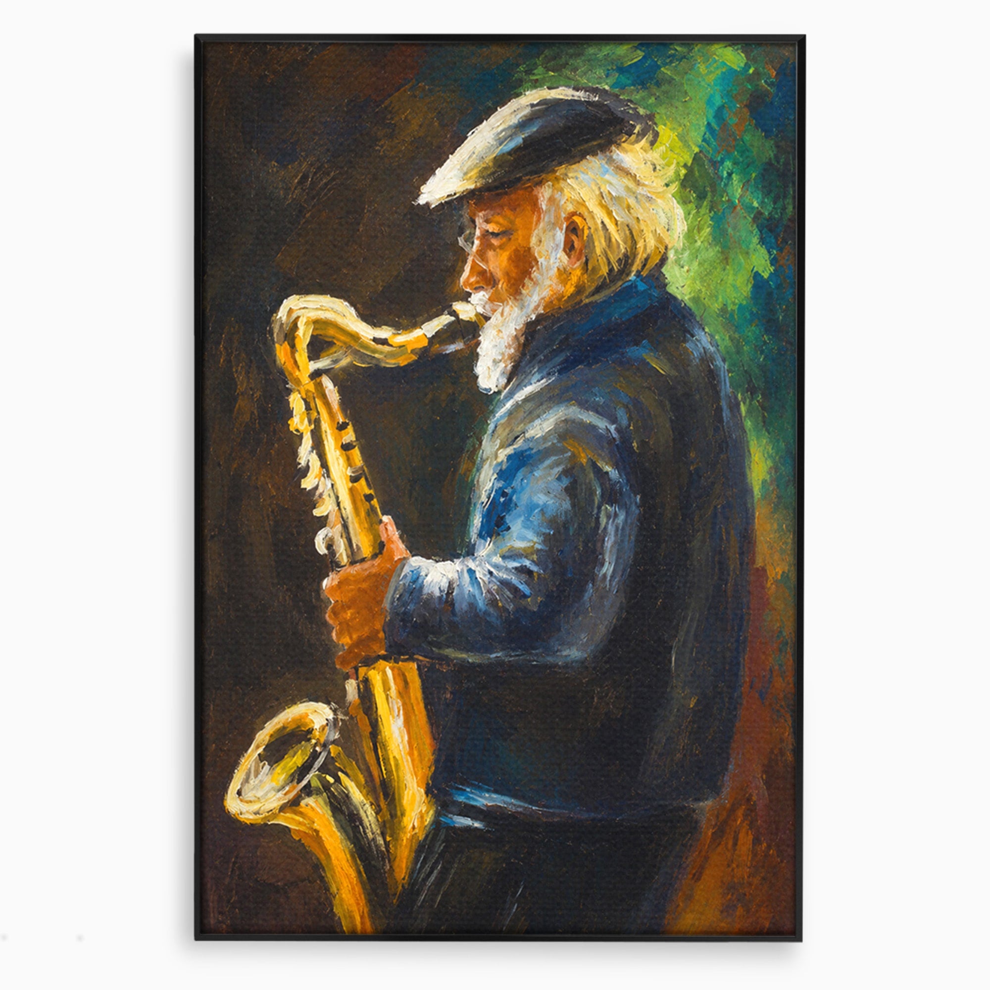 Tablou Canvas Premium LuxCanva® R1037, Saxofonistul Nostalgic, Muzician, Saxofon, Portret, Jazz, Living, Culori Vibrante