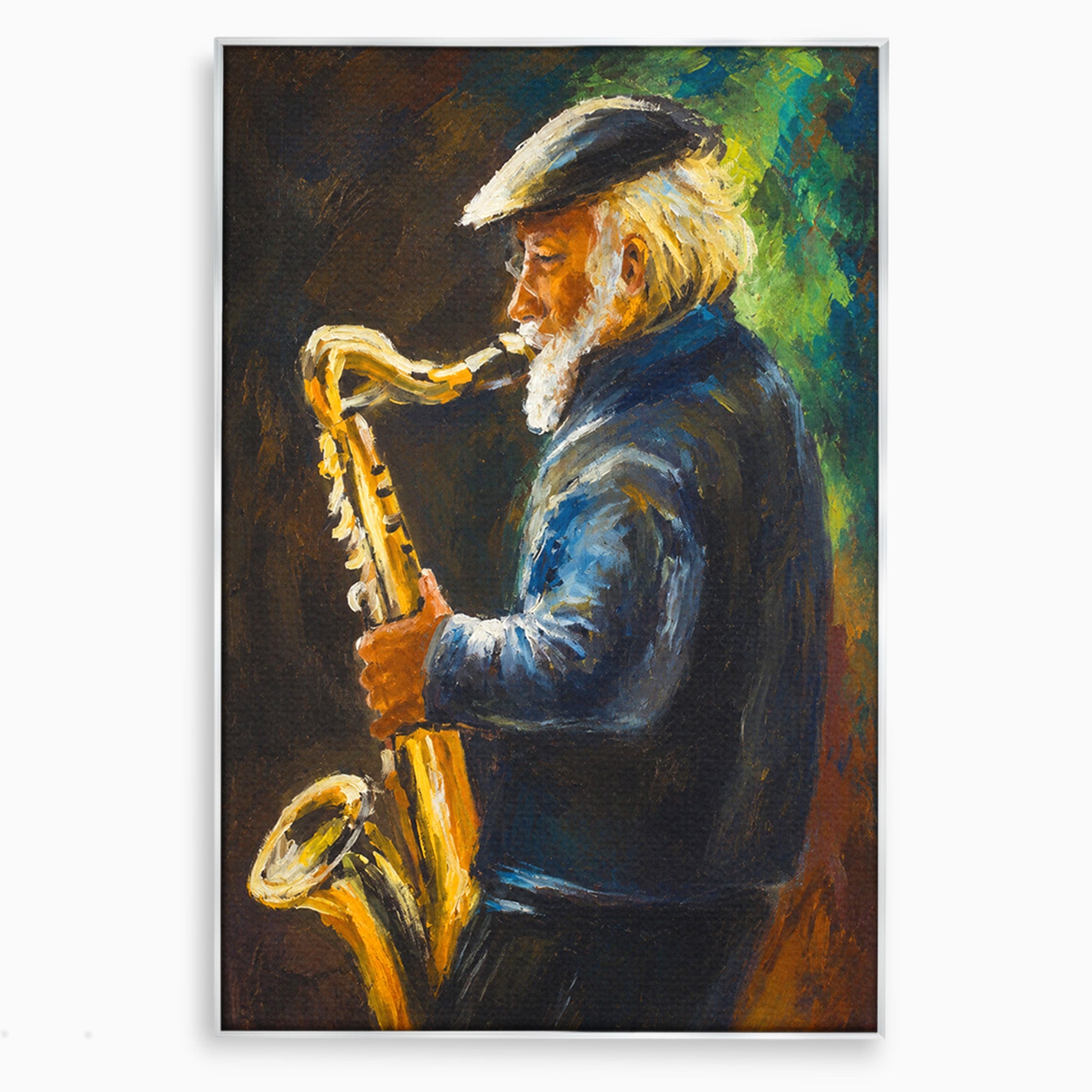 Tablou Canvas Premium LuxCanva® R1037, Saxofonistul Nostalgic, Muzician, Saxofon, Portret, Jazz, Living, Culori Vibrante