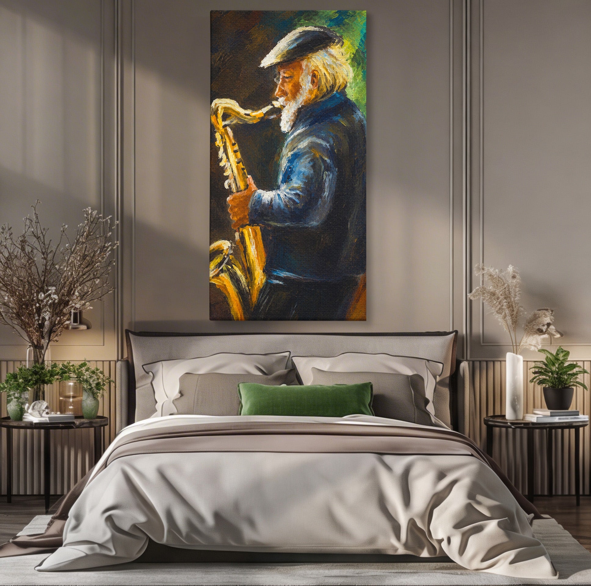 Tablou Canvas Premium LuxCanva® R1037, Saxofonistul Nostalgic, Muzician, Saxofon, Portret, Jazz, Living, Culori Vibrante