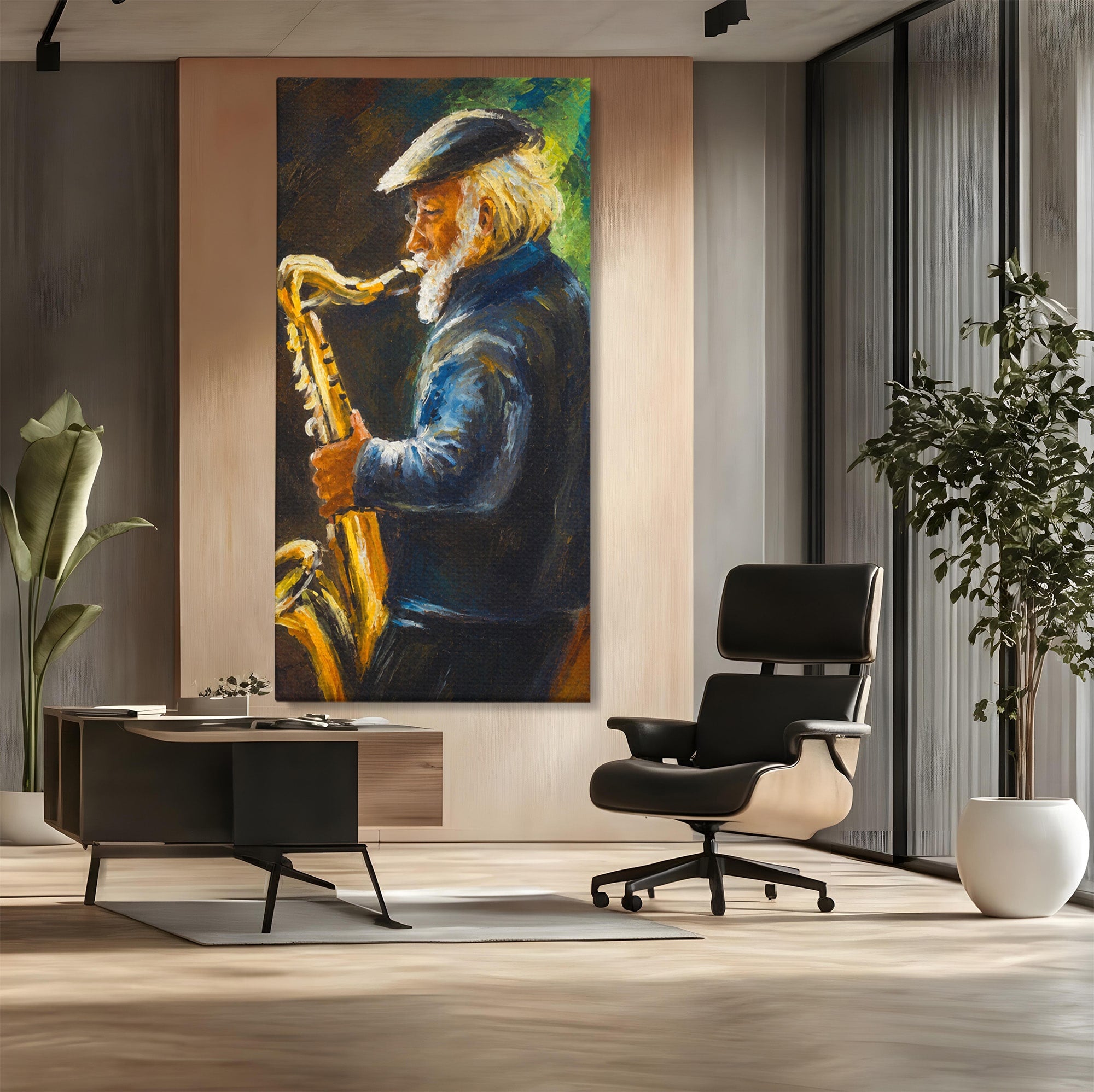 Tablou Canvas Premium LuxCanva® R1037, Saxofonistul Nostalgic, Muzician, Saxofon, Portret, Jazz, Living, Culori Vibrante