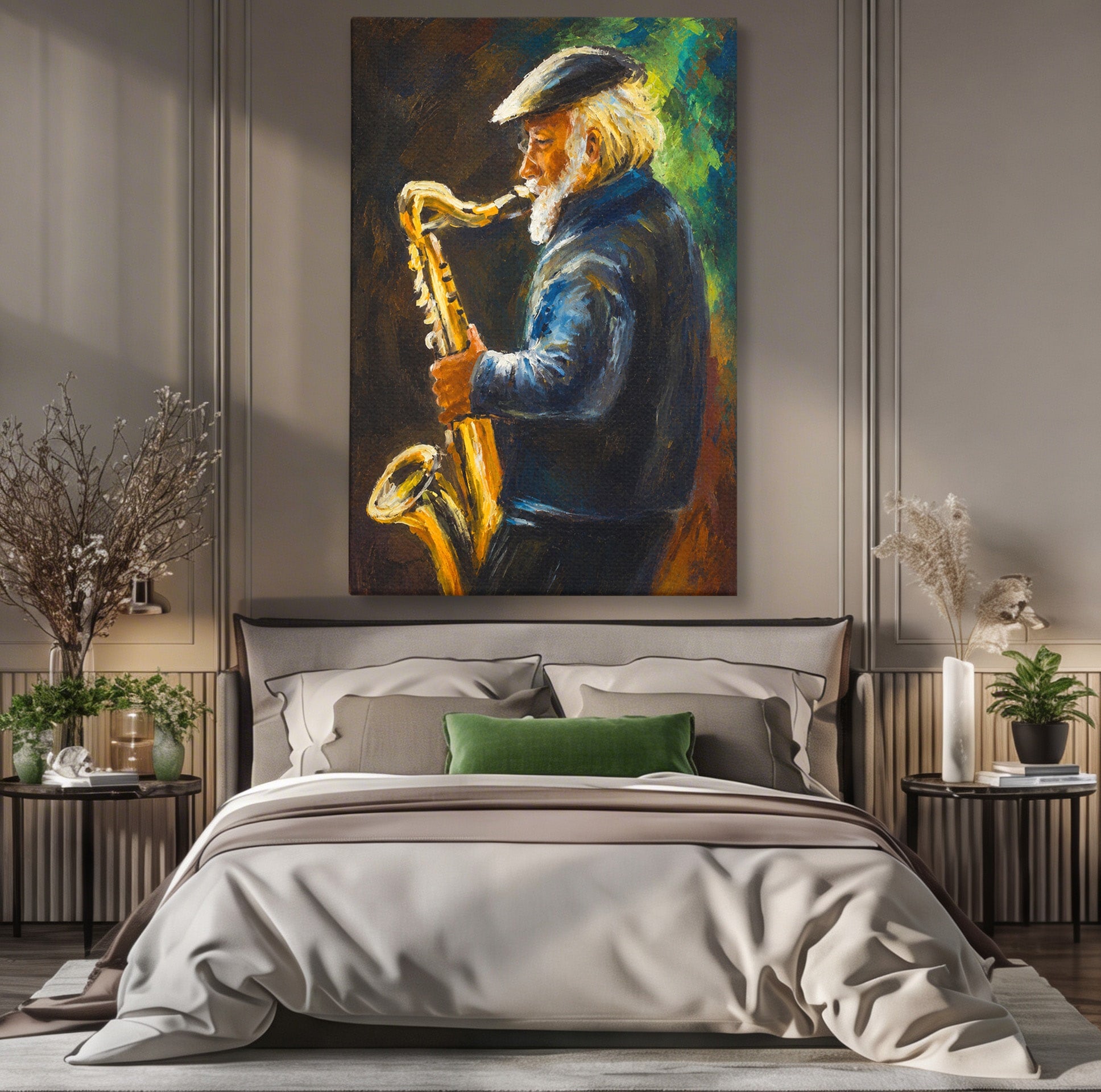 Tablou Canvas Premium LuxCanva® R1037, Saxofonistul Nostalgic, Muzician, Saxofon, Portret, Jazz, Living, Culori Vibrante