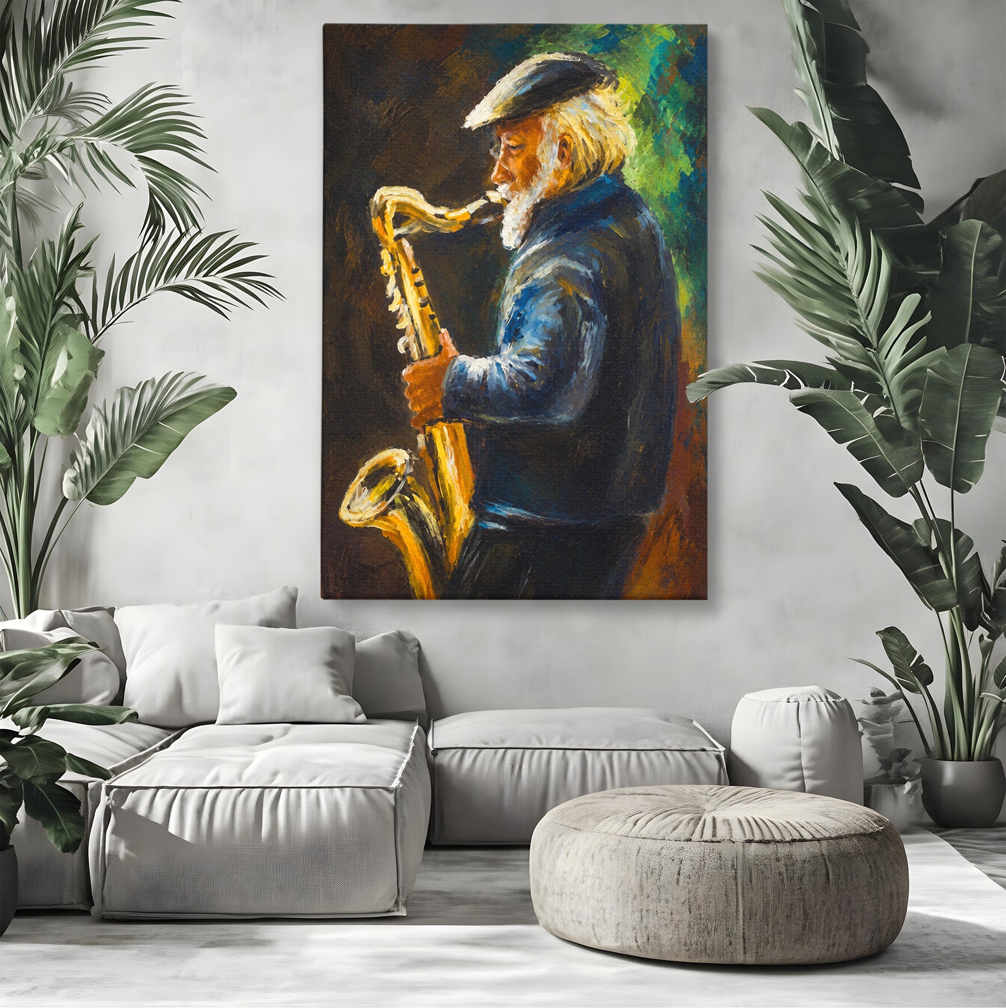 Tablou Canvas Premium LuxCanva® R1037, Saxofonistul Nostalgic, Muzician, Saxofon, Portret, Jazz, Living, Culori Vibrante