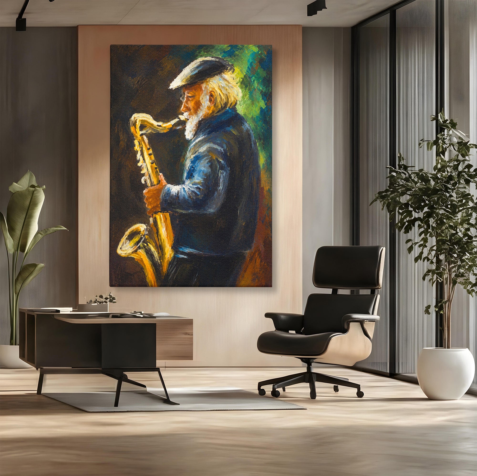 Tablou Canvas Premium LuxCanva® R1037, Saxofonistul Nostalgic, Muzician, Saxofon, Portret, Jazz, Living, Culori Vibrante