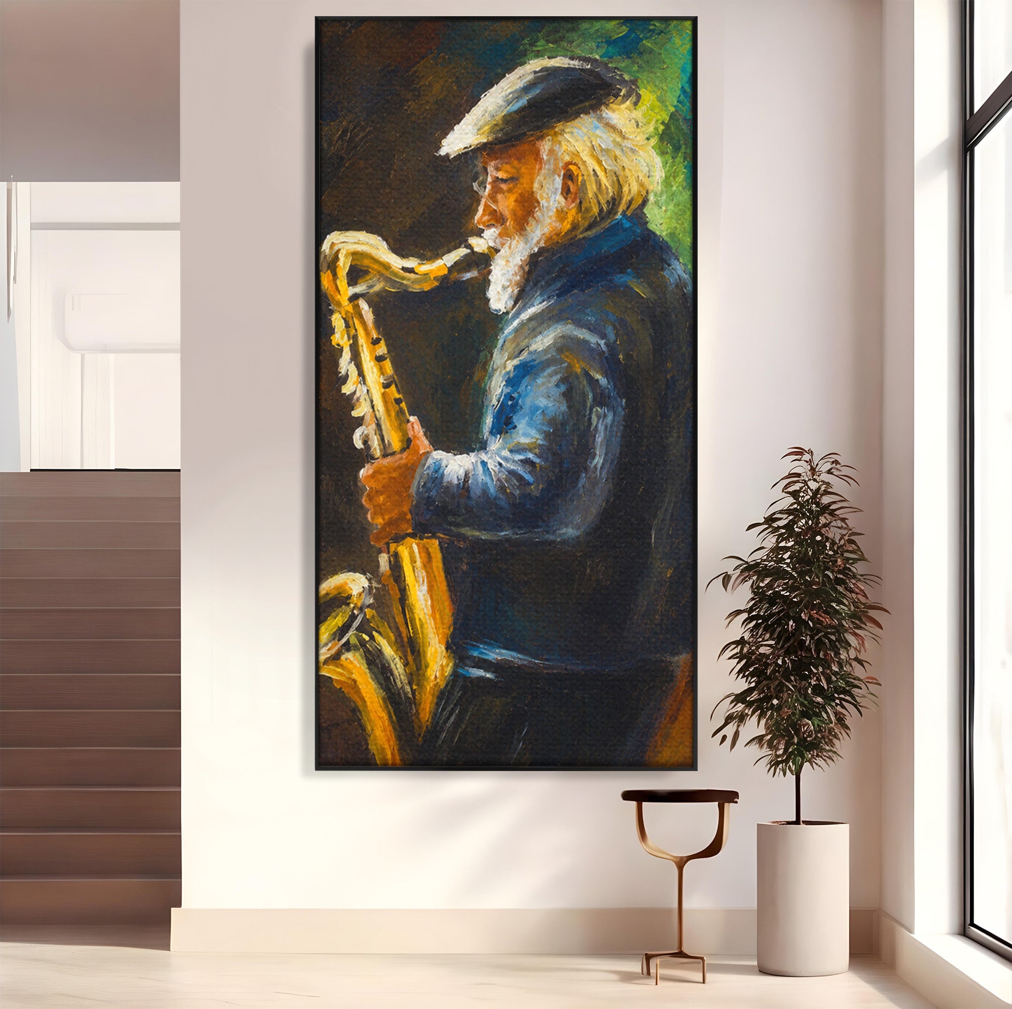 Tablou Canvas Premium LuxCanva® R1037, Saxofonistul Nostalgic, Muzician, Saxofon, Portret, Jazz, Living, Culori Vibrante