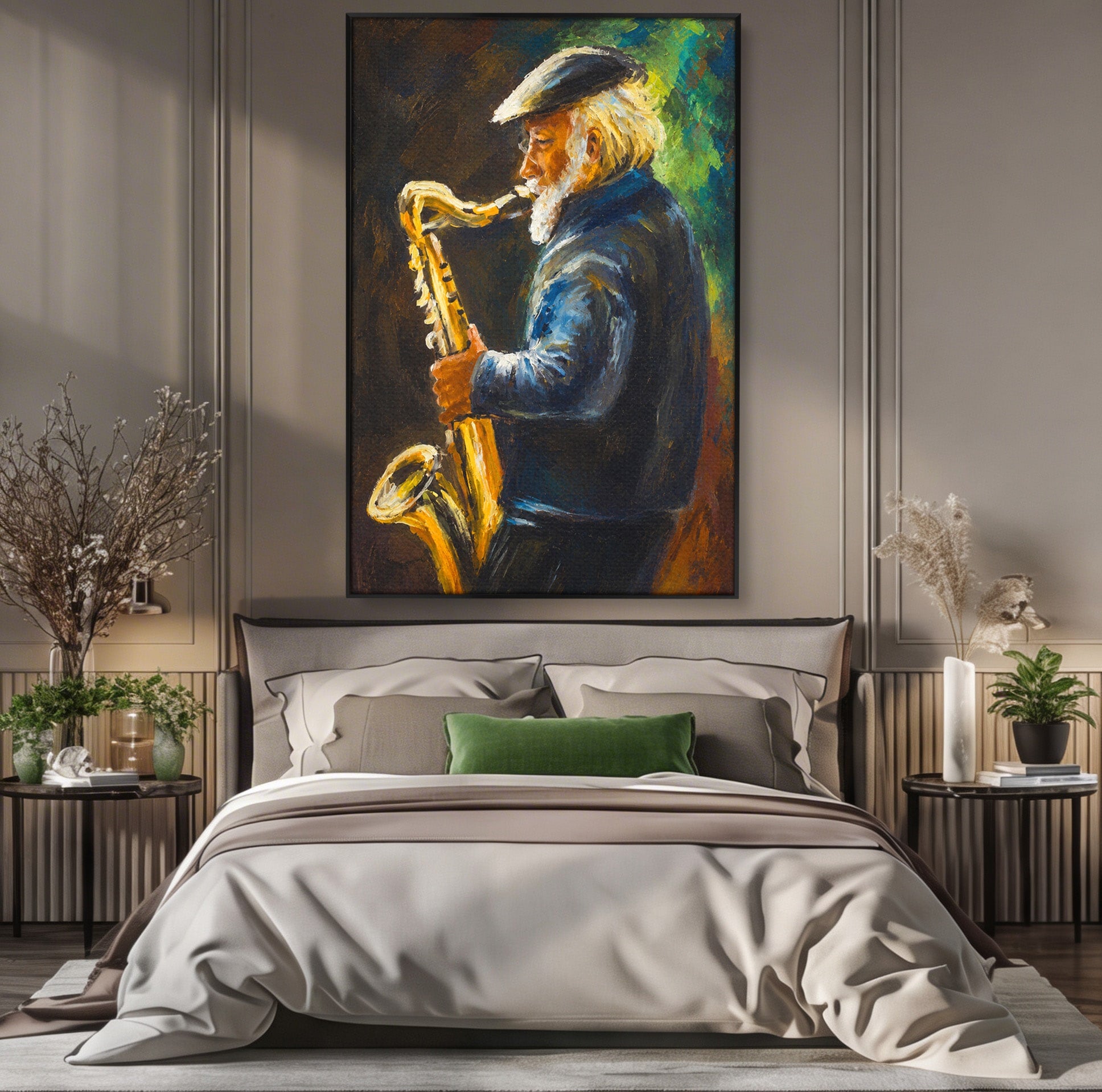 Tablou Canvas Premium LuxCanva® R1037, Saxofonistul Nostalgic, Muzician, Saxofon, Portret, Jazz, Living, Culori Vibrante