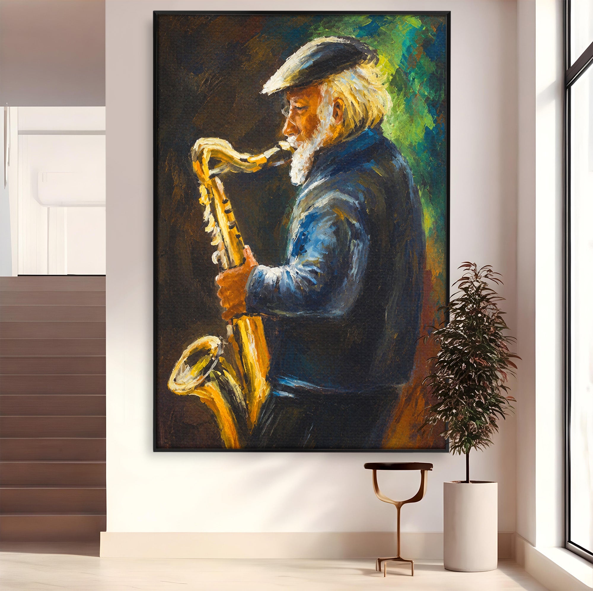Tablou Canvas Premium LuxCanva® R1037, Saxofonistul Nostalgic, Muzician, Saxofon, Portret, Jazz, Living, Culori Vibrante