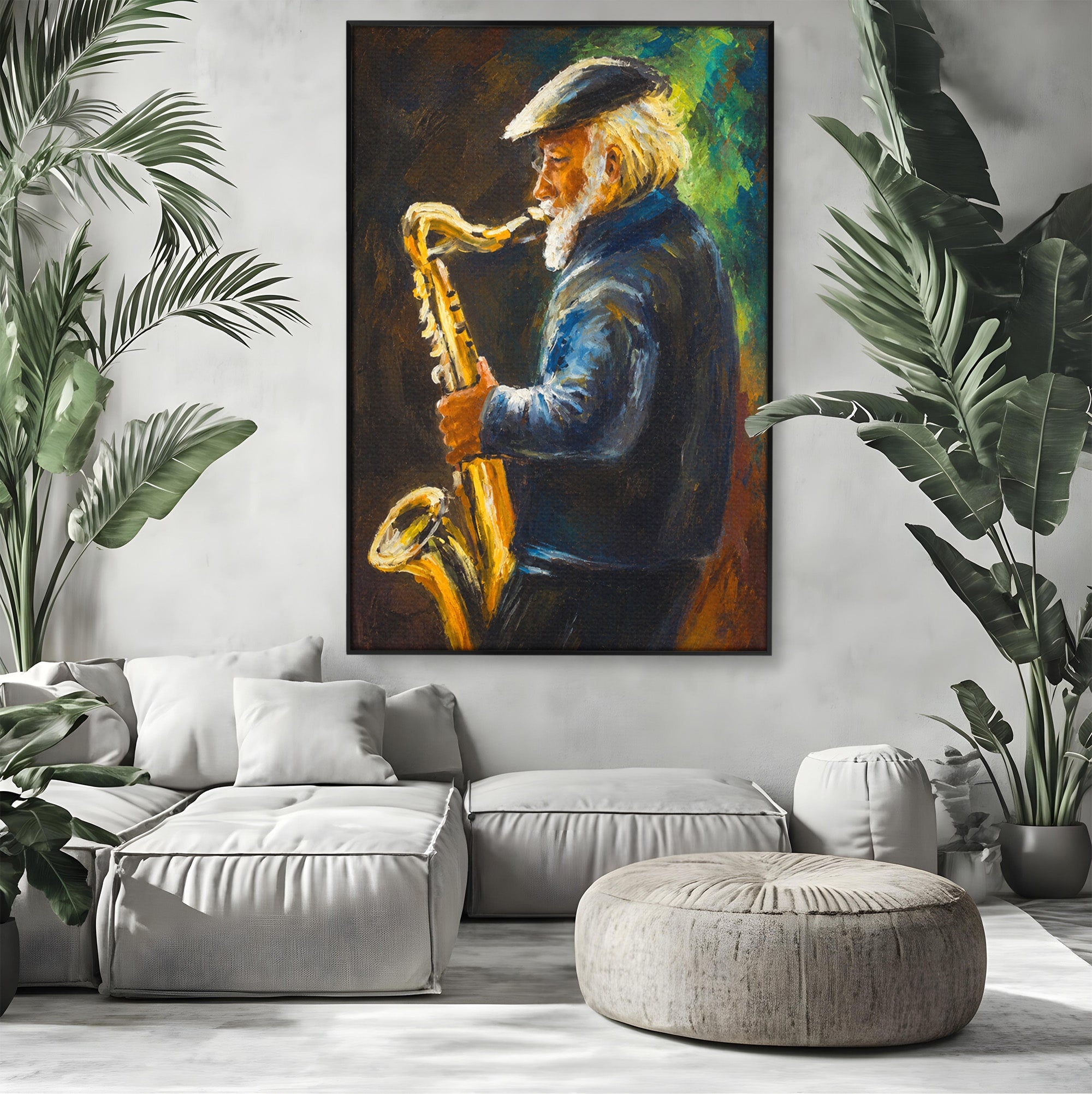 Tablou Canvas Premium LuxCanva® R1037, Saxofonistul Nostalgic, Muzician, Saxofon, Portret, Jazz, Living, Culori Vibrante