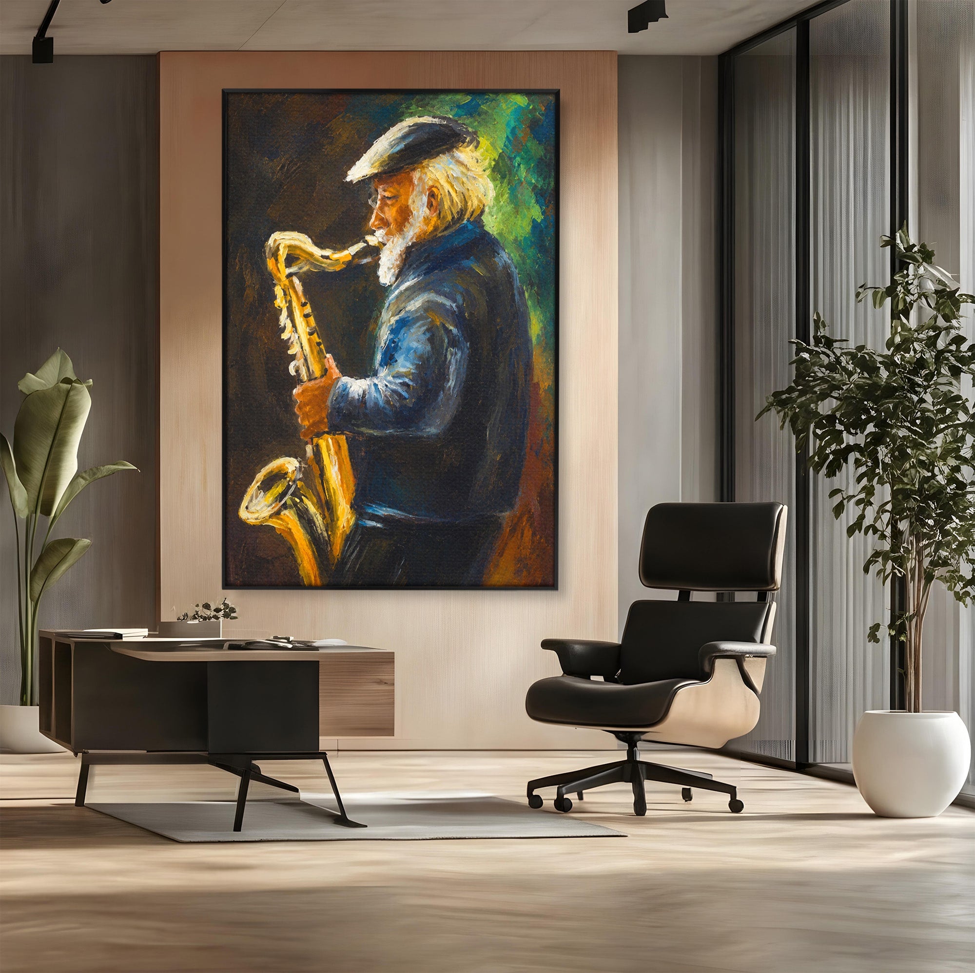 Tablou Canvas Premium LuxCanva® R1037, Saxofonistul Nostalgic, Muzician, Saxofon, Portret, Jazz, Living, Culori Vibrante