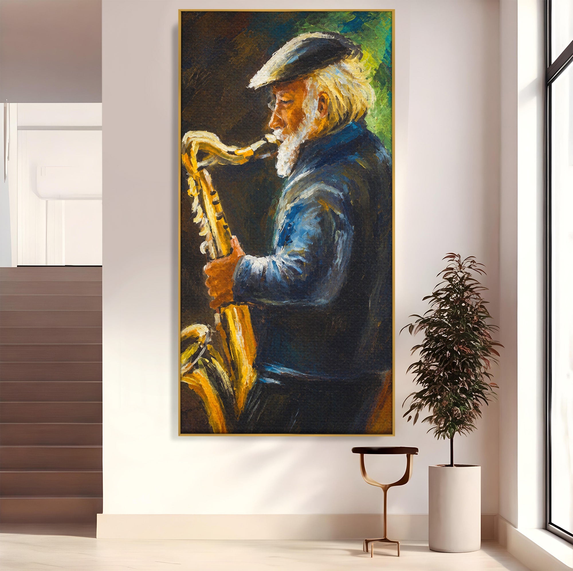Tablou Canvas Premium LuxCanva® R1037, Saxofonistul Nostalgic, Muzician, Saxofon, Portret, Jazz, Living, Culori Vibrante