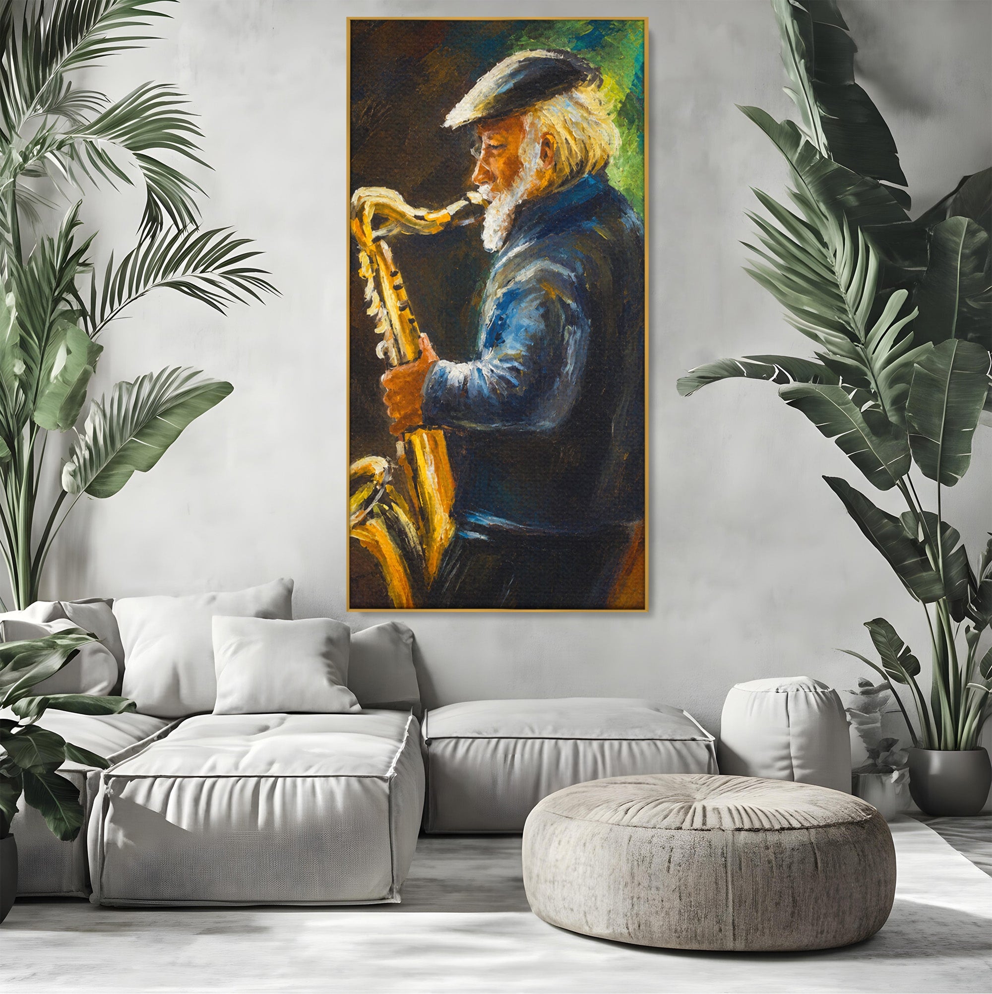 Tablou Canvas Premium LuxCanva® R1037, Saxofonistul Nostalgic, Muzician, Saxofon, Portret, Jazz, Living, Culori Vibrante