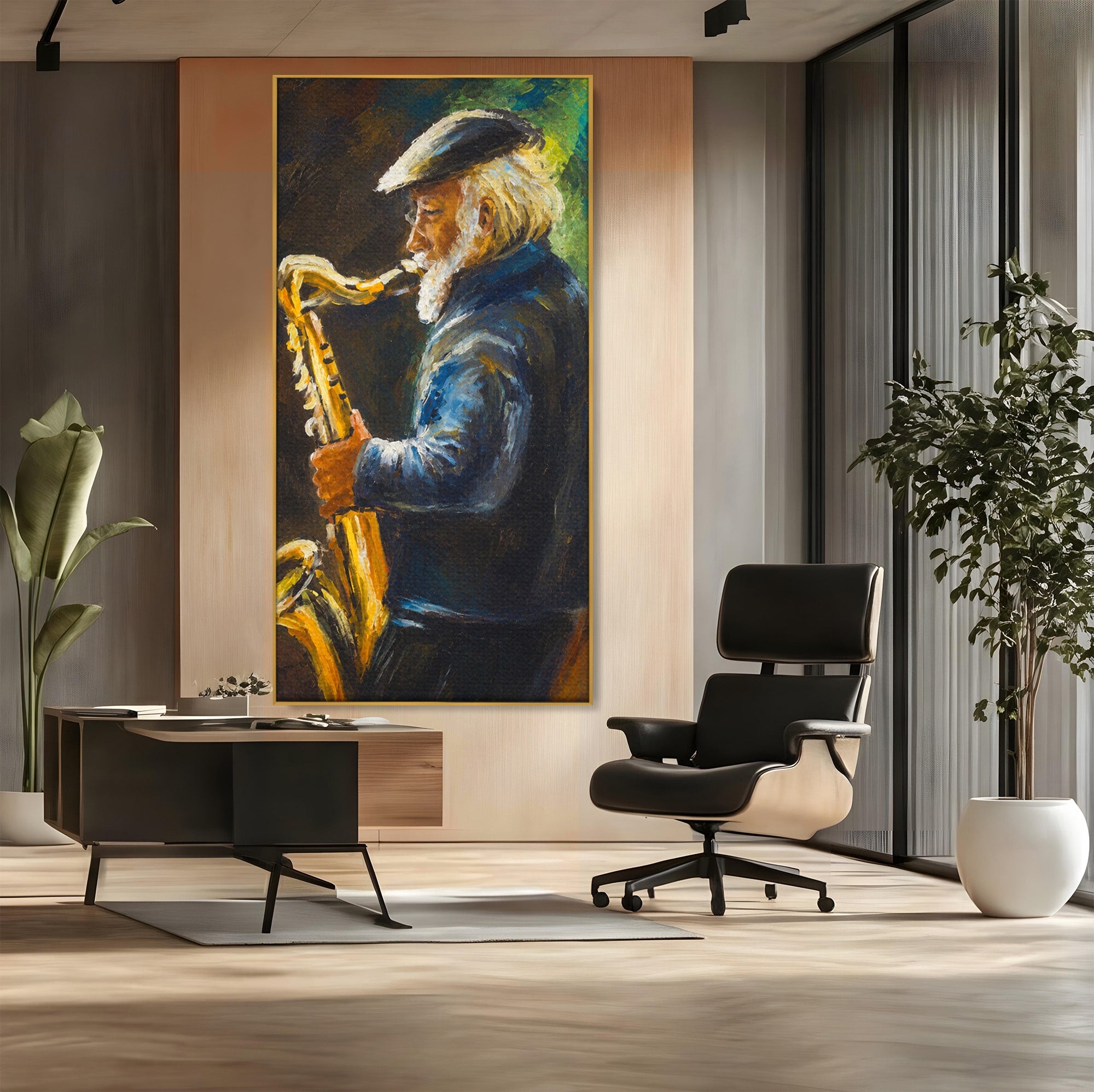 Tablou Canvas Premium LuxCanva® R1037, Saxofonistul Nostalgic, Muzician, Saxofon, Portret, Jazz, Living, Culori Vibrante