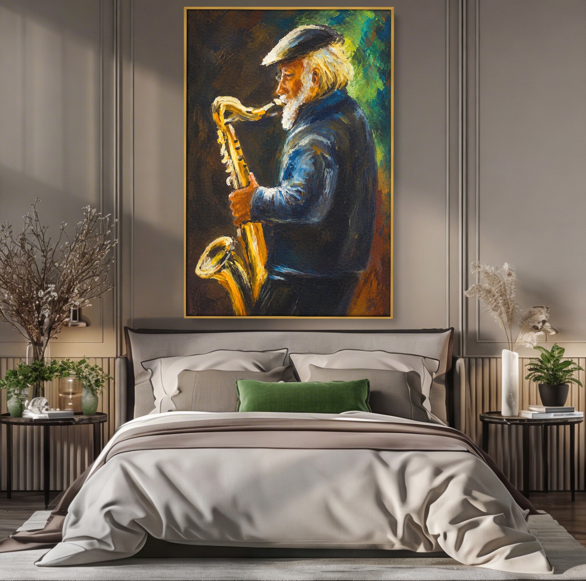 Tablou Canvas Premium LuxCanva® R1037, Saxofonistul Nostalgic, Muzician, Saxofon, Portret, Jazz, Living, Culori Vibrante