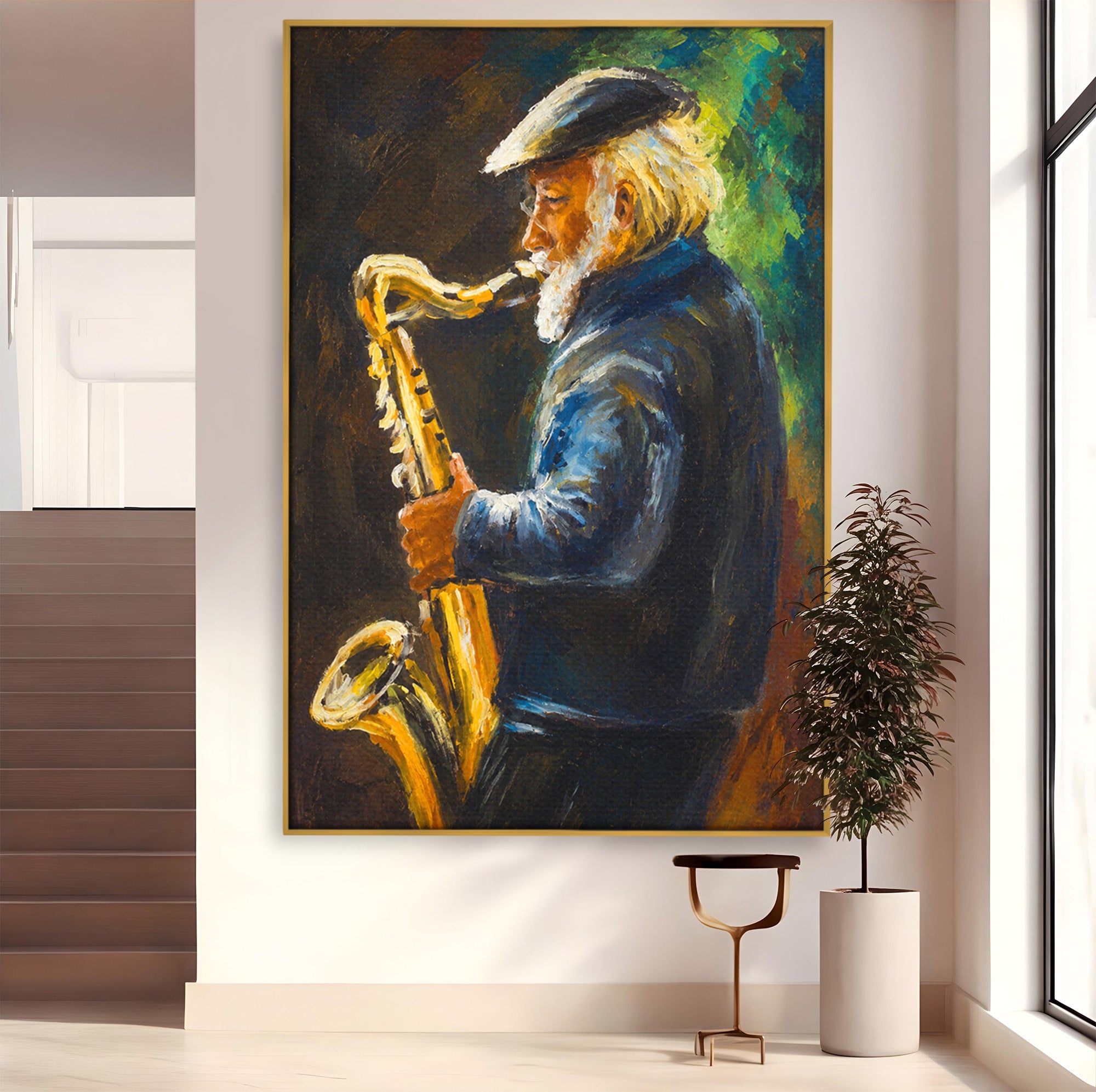 Tablou Canvas Premium LuxCanva® R1037, Saxofonistul Nostalgic, Muzician, Saxofon, Portret, Jazz, Living, Culori Vibrante