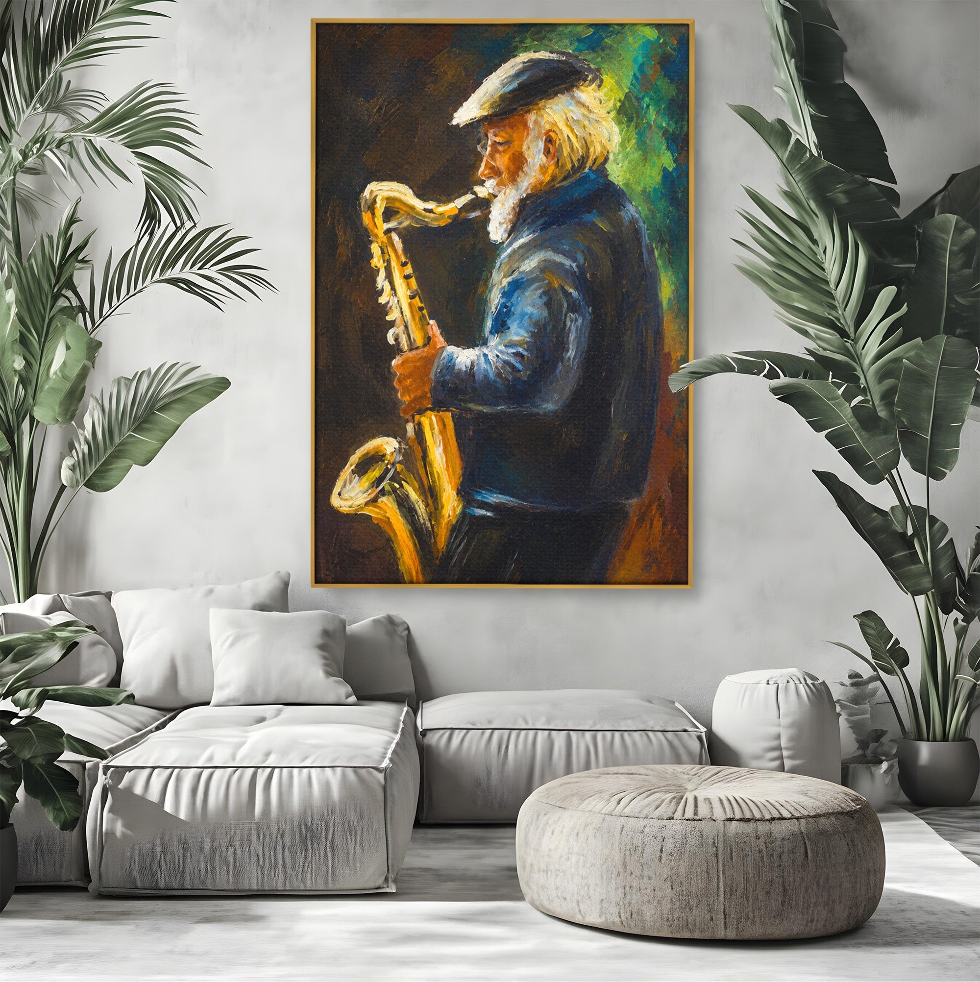 Tablou Canvas Premium LuxCanva® R1037, Saxofonistul Nostalgic, Muzician, Saxofon, Portret, Jazz, Living, Culori Vibrante
