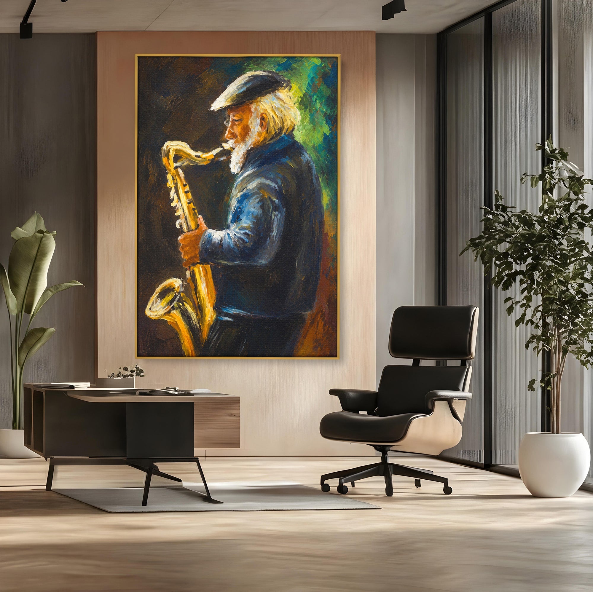 Tablou Canvas Premium LuxCanva® R1037, Saxofonistul Nostalgic, Muzician, Saxofon, Portret, Jazz, Living, Culori Vibrante