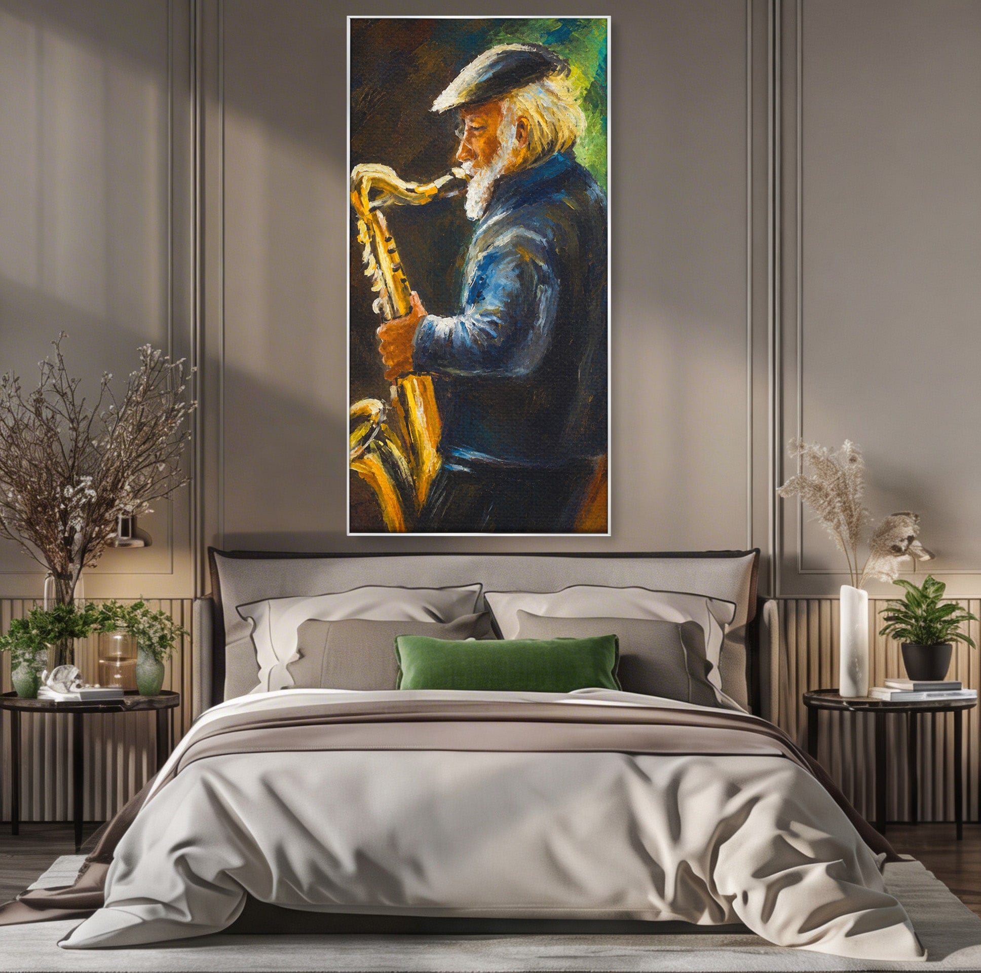 Tablou Canvas Premium LuxCanva® R1037, Saxofonistul Nostalgic, Muzician, Saxofon, Portret, Jazz, Living, Culori Vibrante