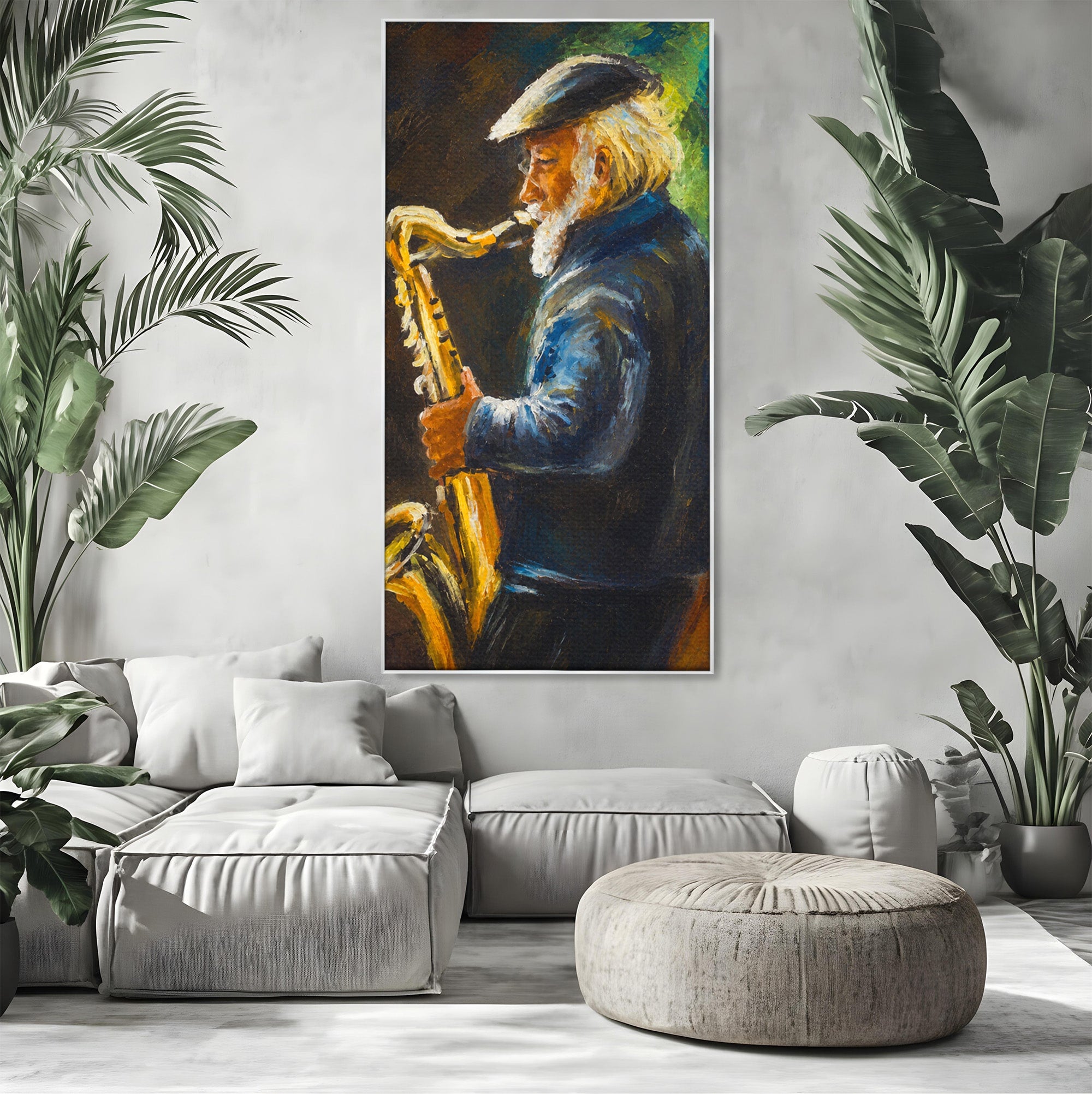 Tablou Canvas Premium LuxCanva® R1037, Saxofonistul Nostalgic, Muzician, Saxofon, Portret, Jazz, Living, Culori Vibrante