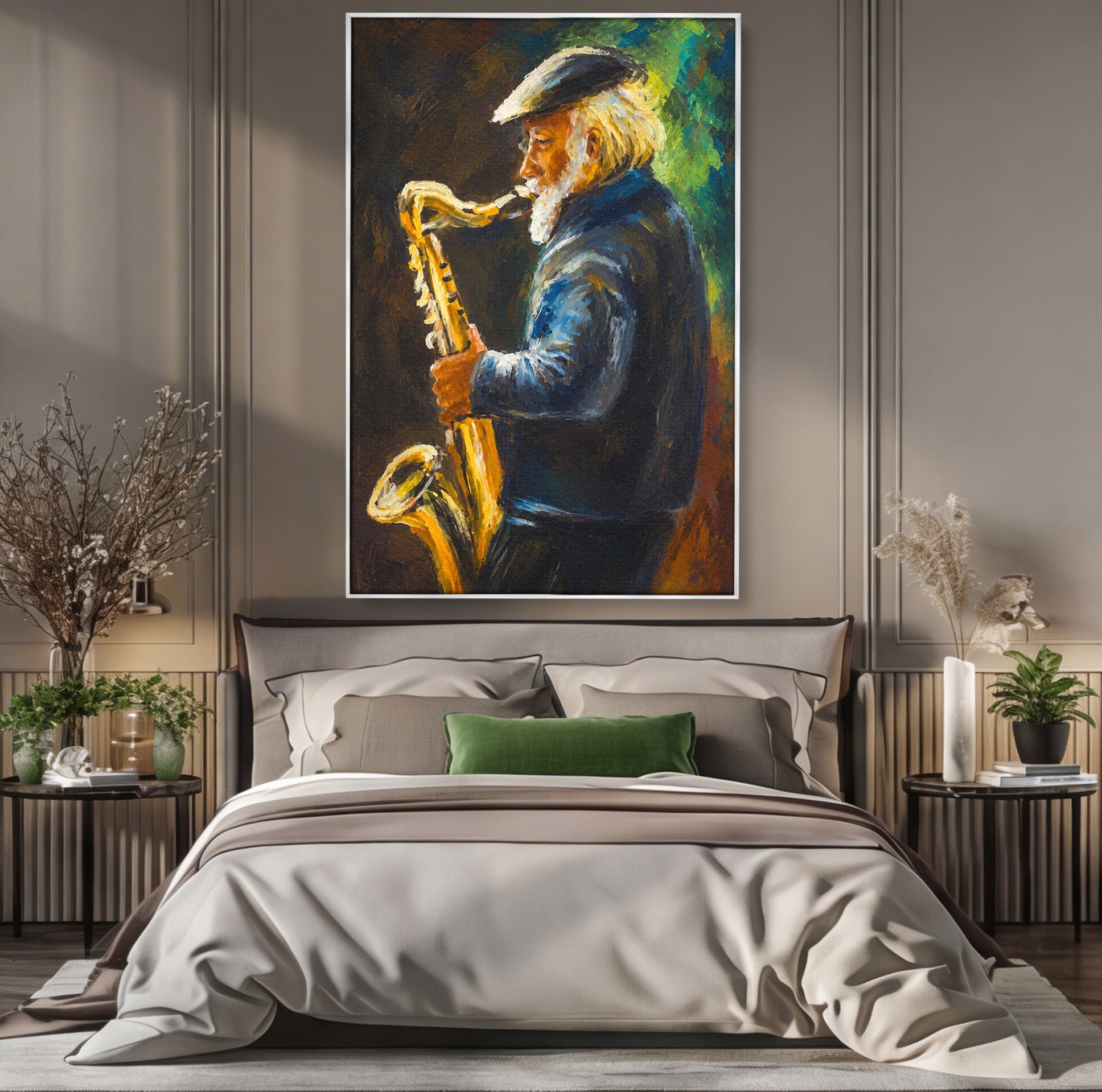 Tablou Canvas Premium LuxCanva® R1037, Saxofonistul Nostalgic, Muzician, Saxofon, Portret, Jazz, Living, Culori Vibrante