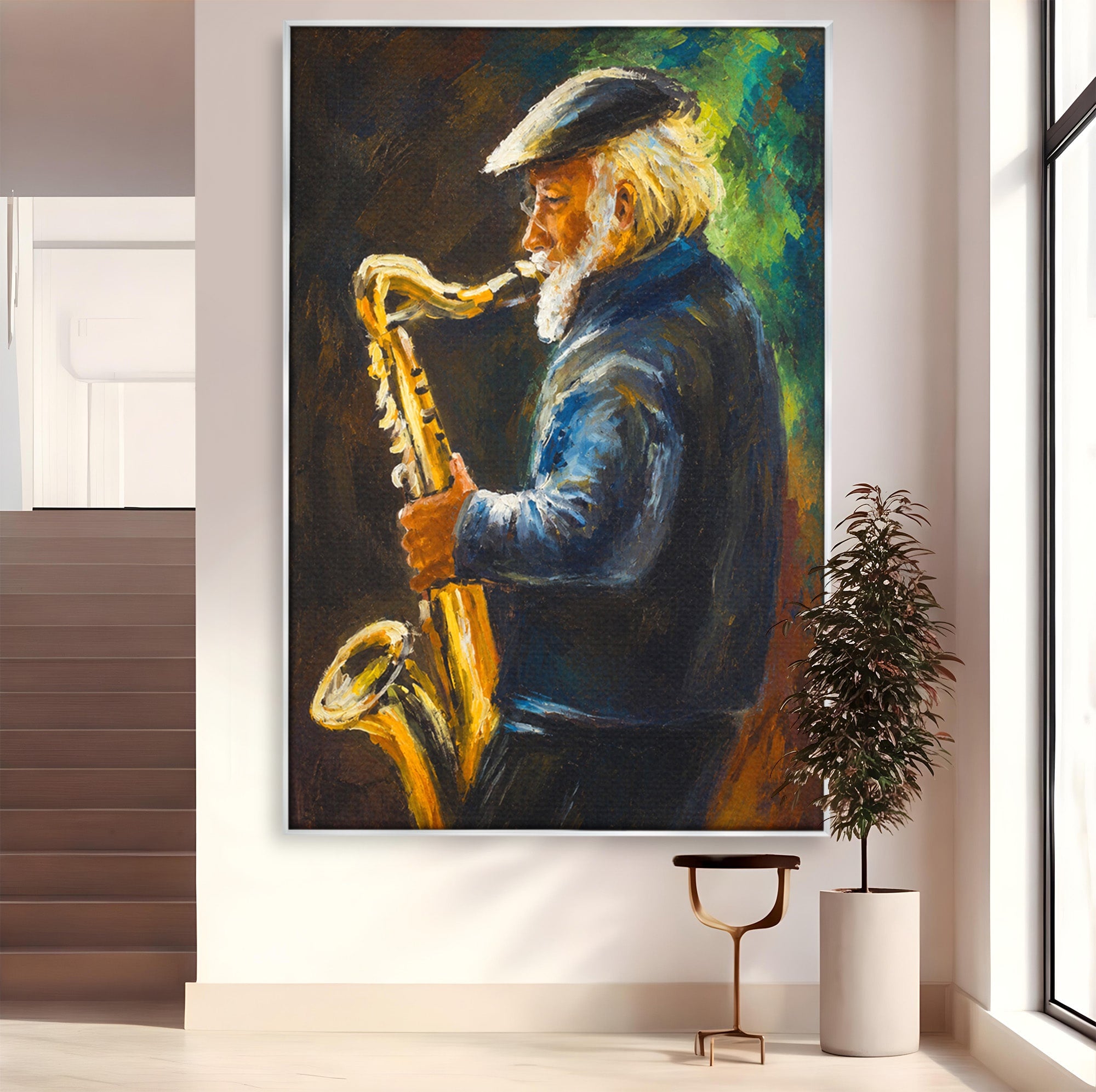 Tablou Canvas Premium LuxCanva® R1037, Saxofonistul Nostalgic, Muzician, Saxofon, Portret, Jazz, Living, Culori Vibrante