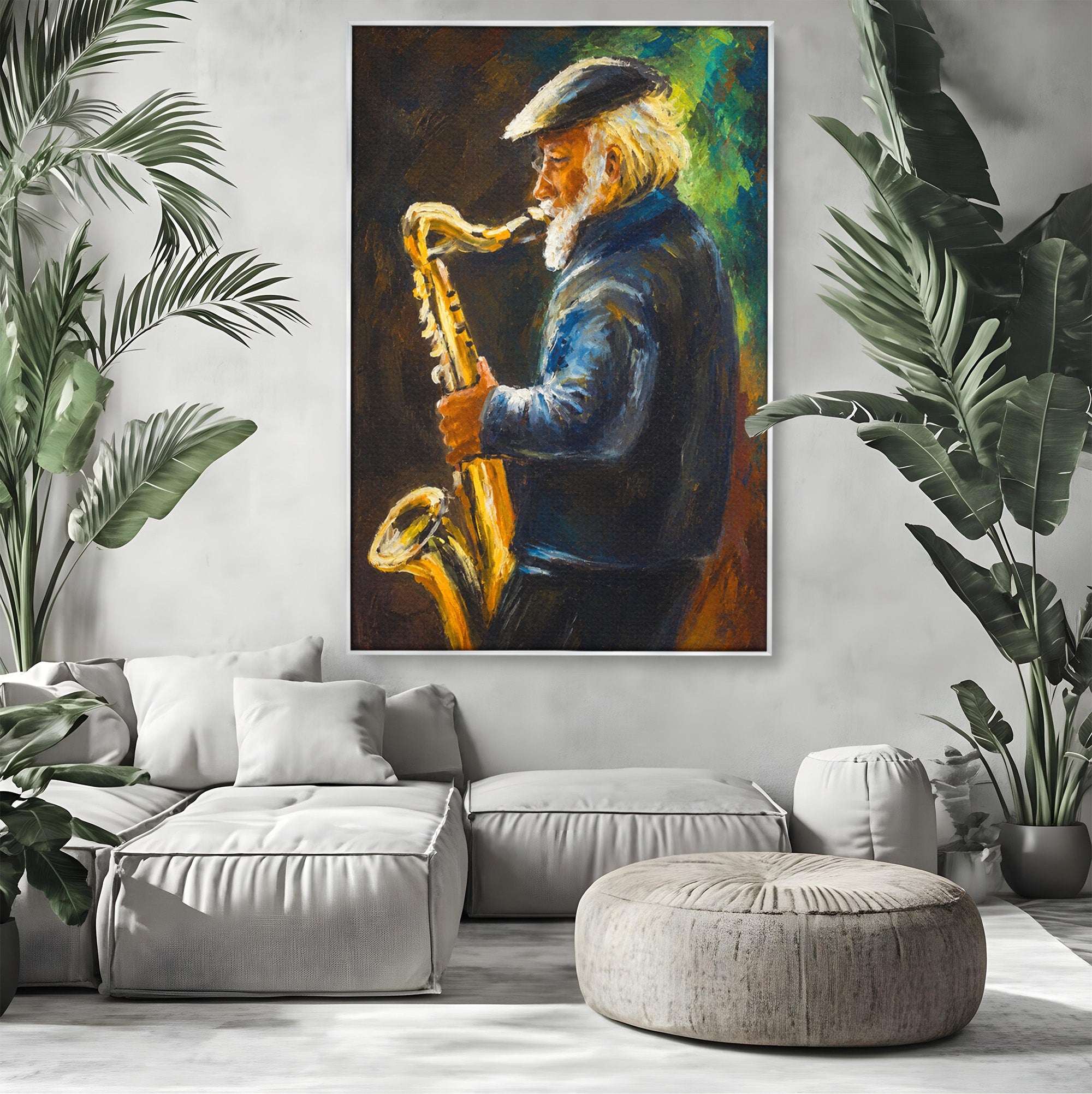 Tablou Canvas Premium LuxCanva® R1037, Saxofonistul Nostalgic, Muzician, Saxofon, Portret, Jazz, Living, Culori Vibrante