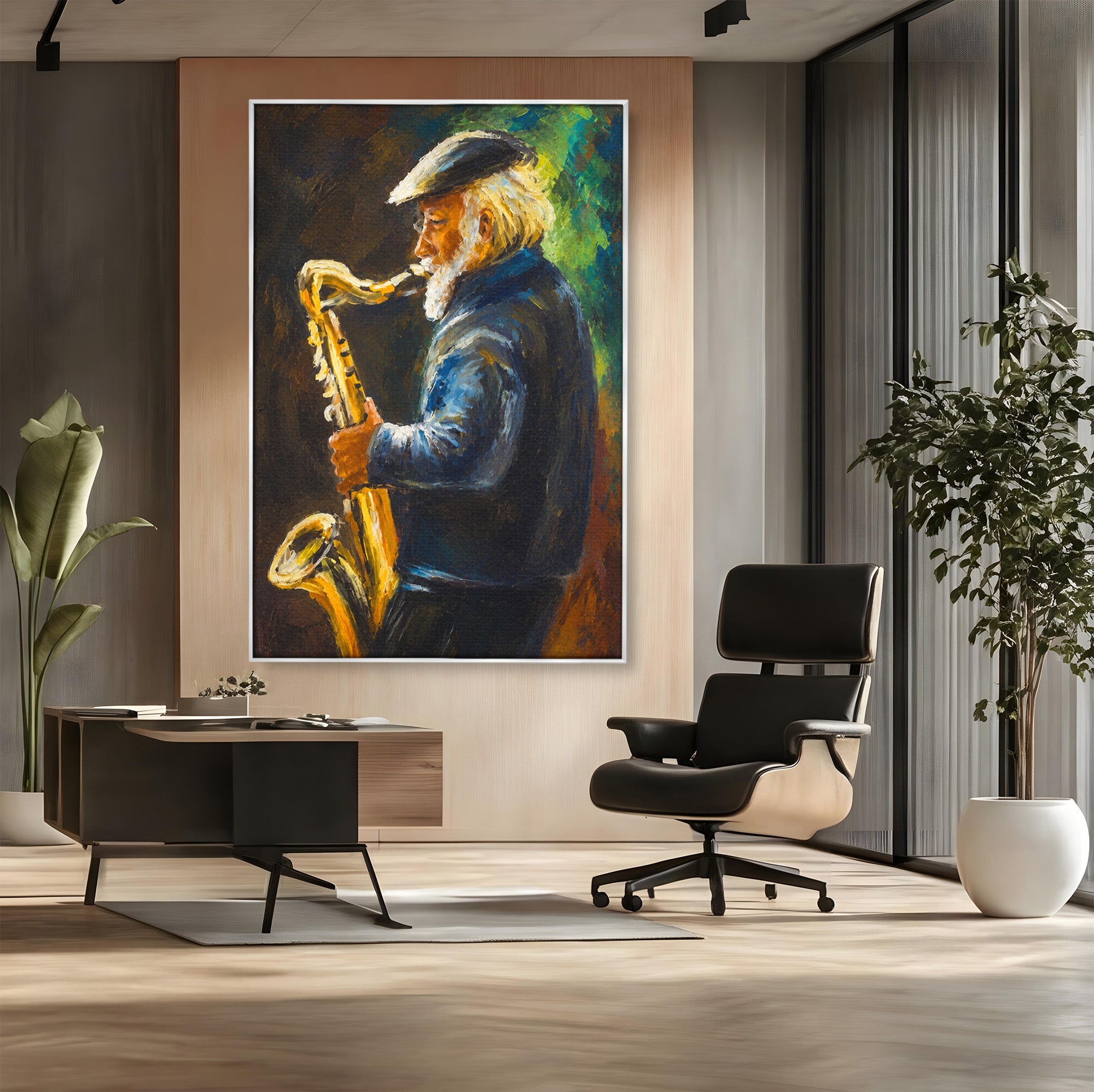 Tablou Canvas Premium LuxCanva® R1037, Saxofonistul Nostalgic, Muzician, Saxofon, Portret, Jazz, Living, Culori Vibrante