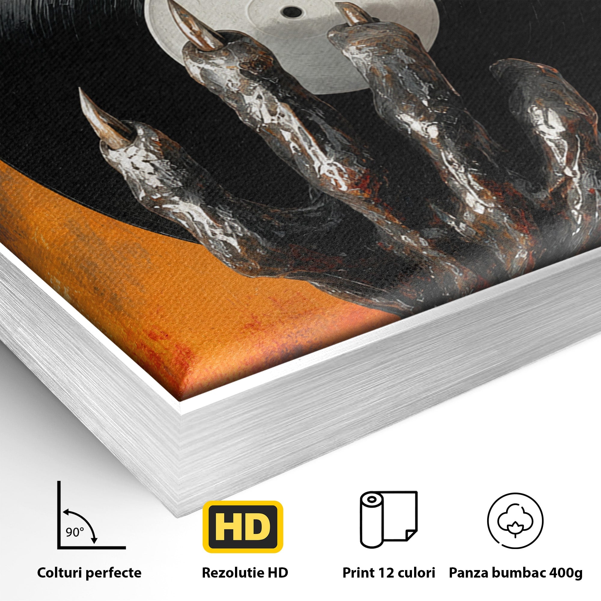 Tablou Canvas Premium LuxCanva® R1038, Mana Demonica Cu Disc Vinil, Mana, Vinil, Demonic, Halloween, Living, Culori Vibrante