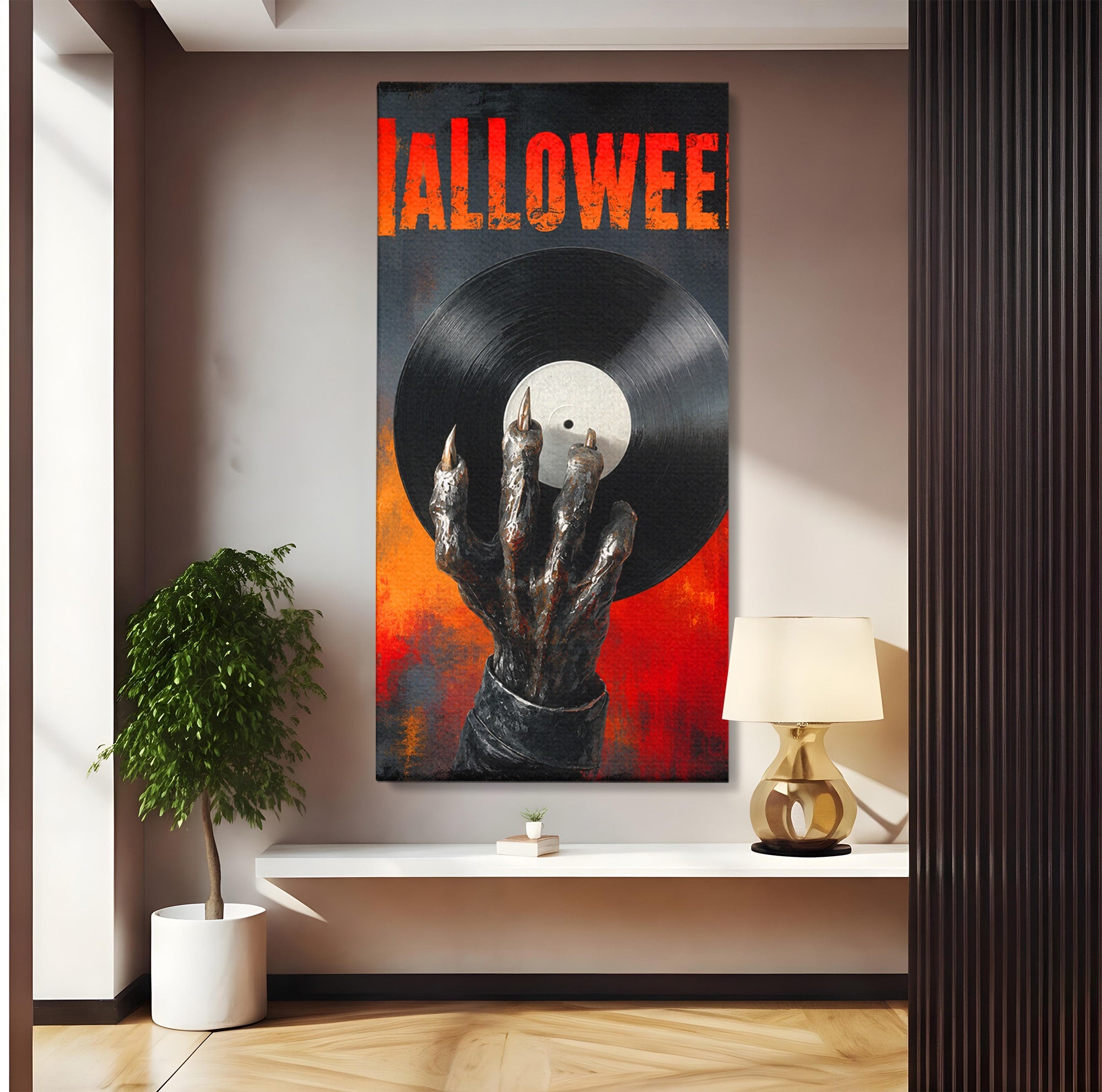 Tablou Canvas Premium LuxCanva® R1038, Mana Demonica Cu Disc Vinil, Mana, Vinil, Demonic, Halloween, Living, Culori Vibrante