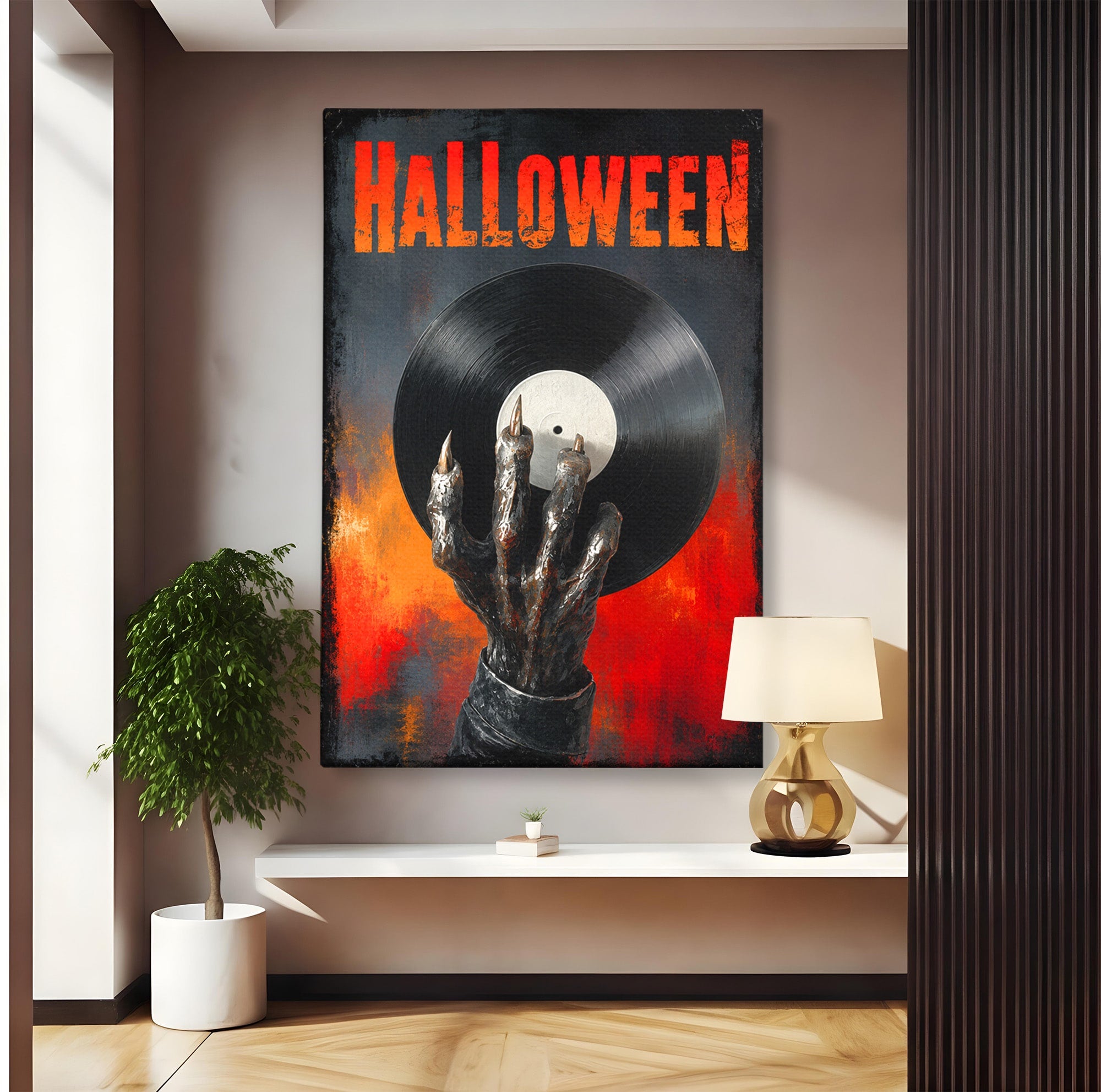 Tablou Canvas Premium LuxCanva® R1038, Mana Demonica Cu Disc Vinil, Mana, Vinil, Demonic, Halloween, Living, Culori Vibrante