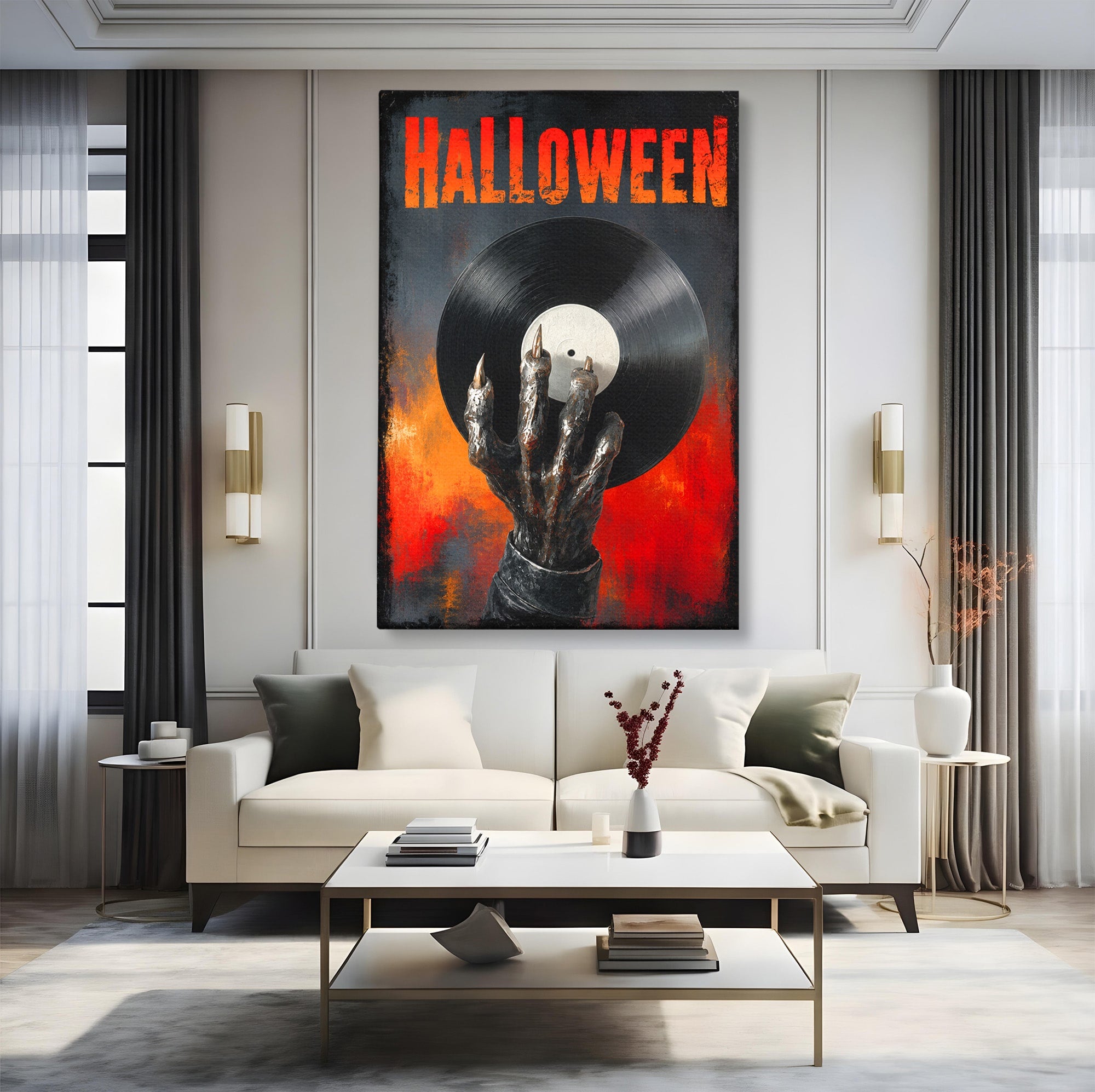 Tablou Canvas Premium LuxCanva® R1038, Mana Demonica Cu Disc Vinil, Mana, Vinil, Demonic, Halloween, Living, Culori Vibrante