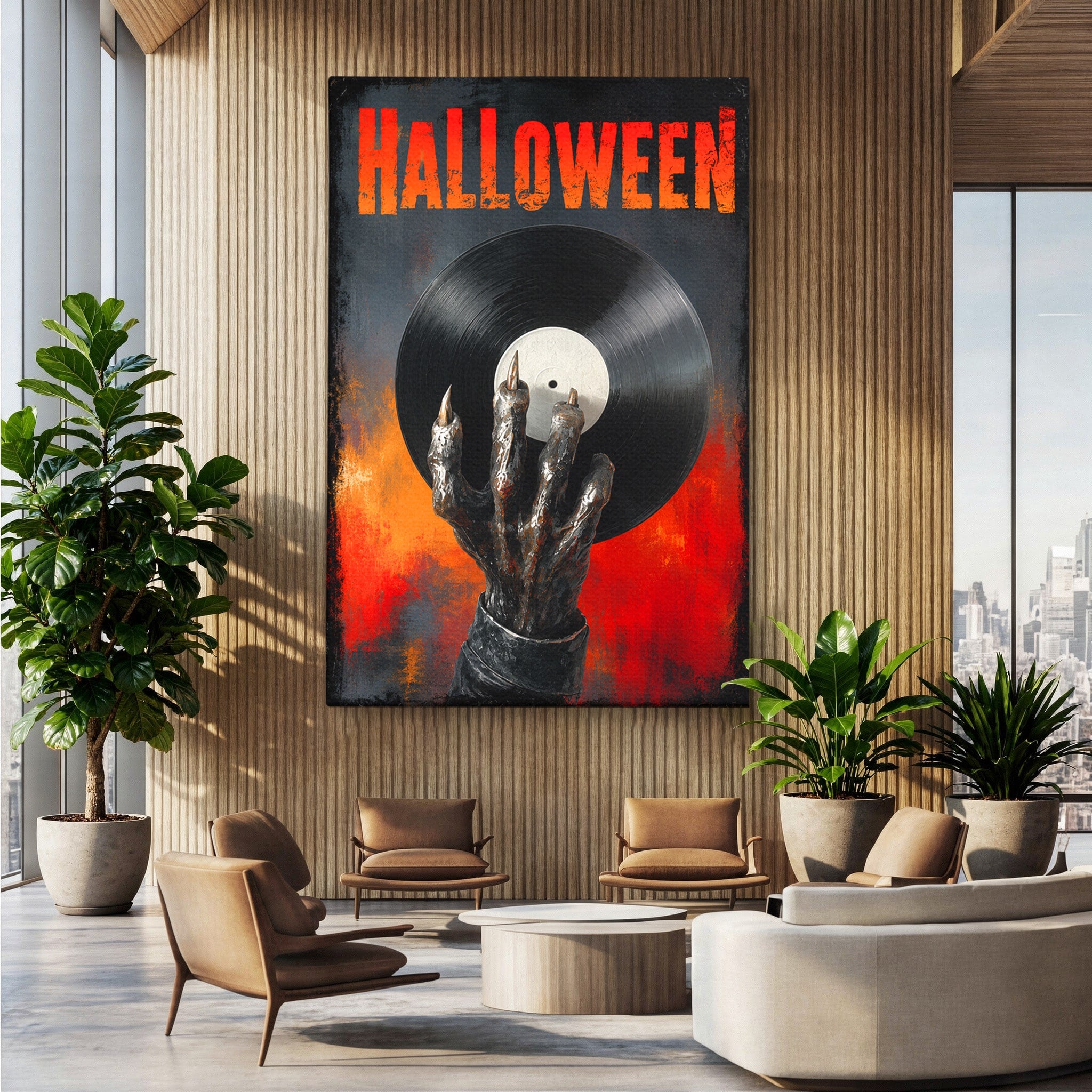 Tablou Canvas Premium LuxCanva® R1038, Mana Demonica Cu Disc Vinil, Mana, Vinil, Demonic, Halloween, Living, Culori Vibrante