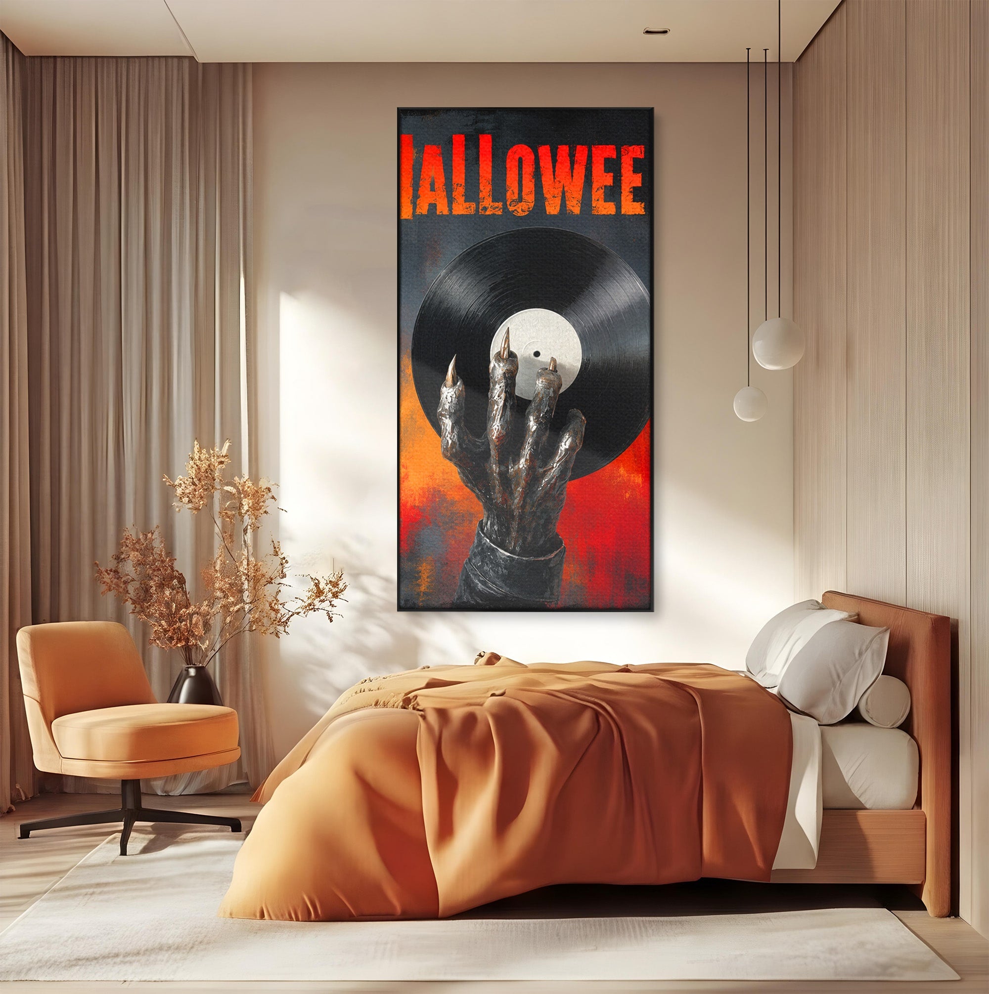 Tablou Canvas Premium LuxCanva® R1038, Mana Demonica Cu Disc Vinil, Mana, Vinil, Demonic, Halloween, Living, Culori Vibrante