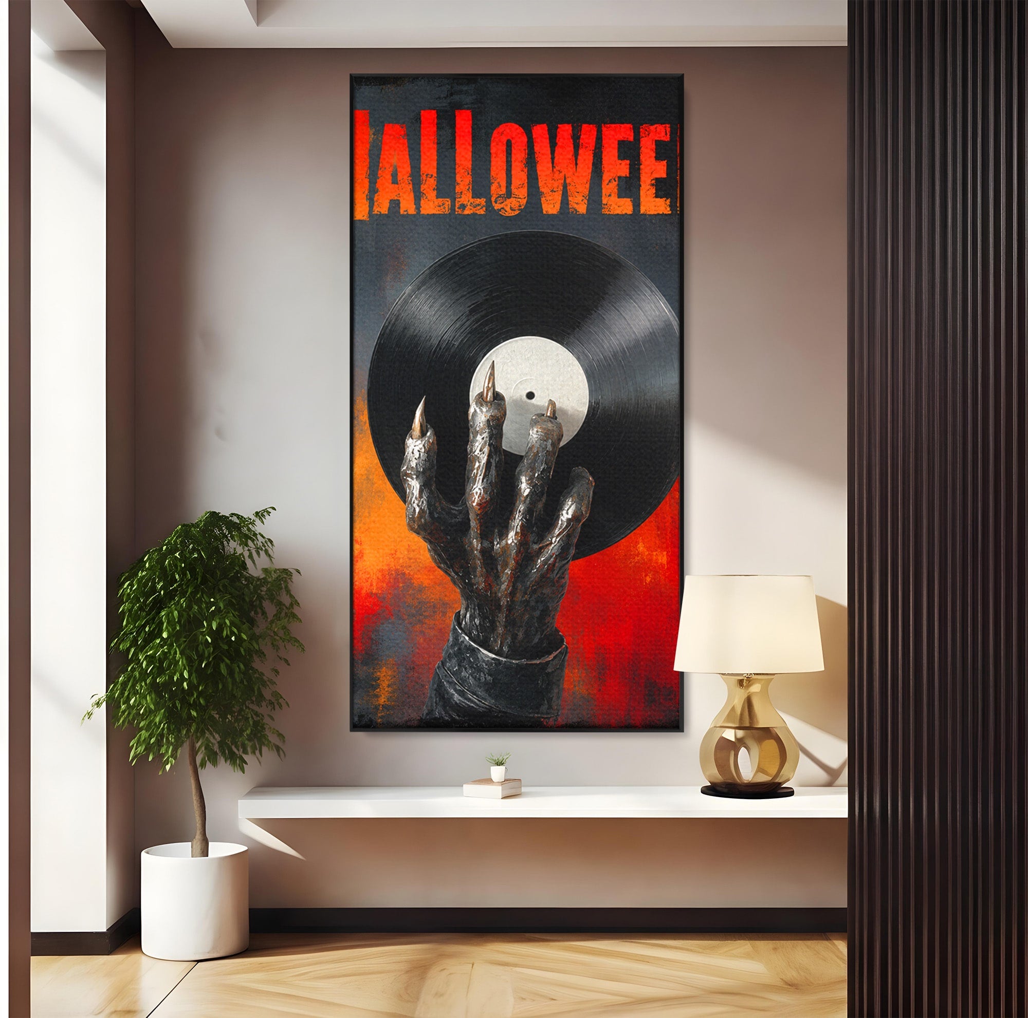Tablou Canvas Premium LuxCanva® R1038, Mana Demonica Cu Disc Vinil, Mana, Vinil, Demonic, Halloween, Living, Culori Vibrante