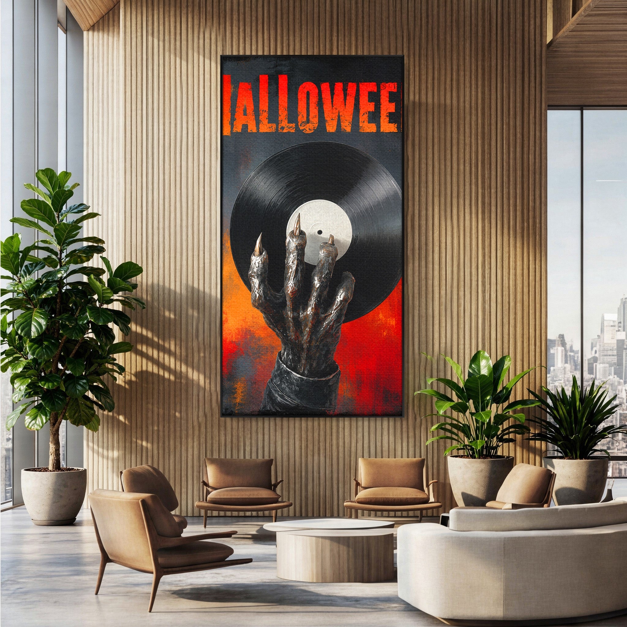Tablou Canvas Premium LuxCanva® R1038, Mana Demonica Cu Disc Vinil, Mana, Vinil, Demonic, Halloween, Living, Culori Vibrante