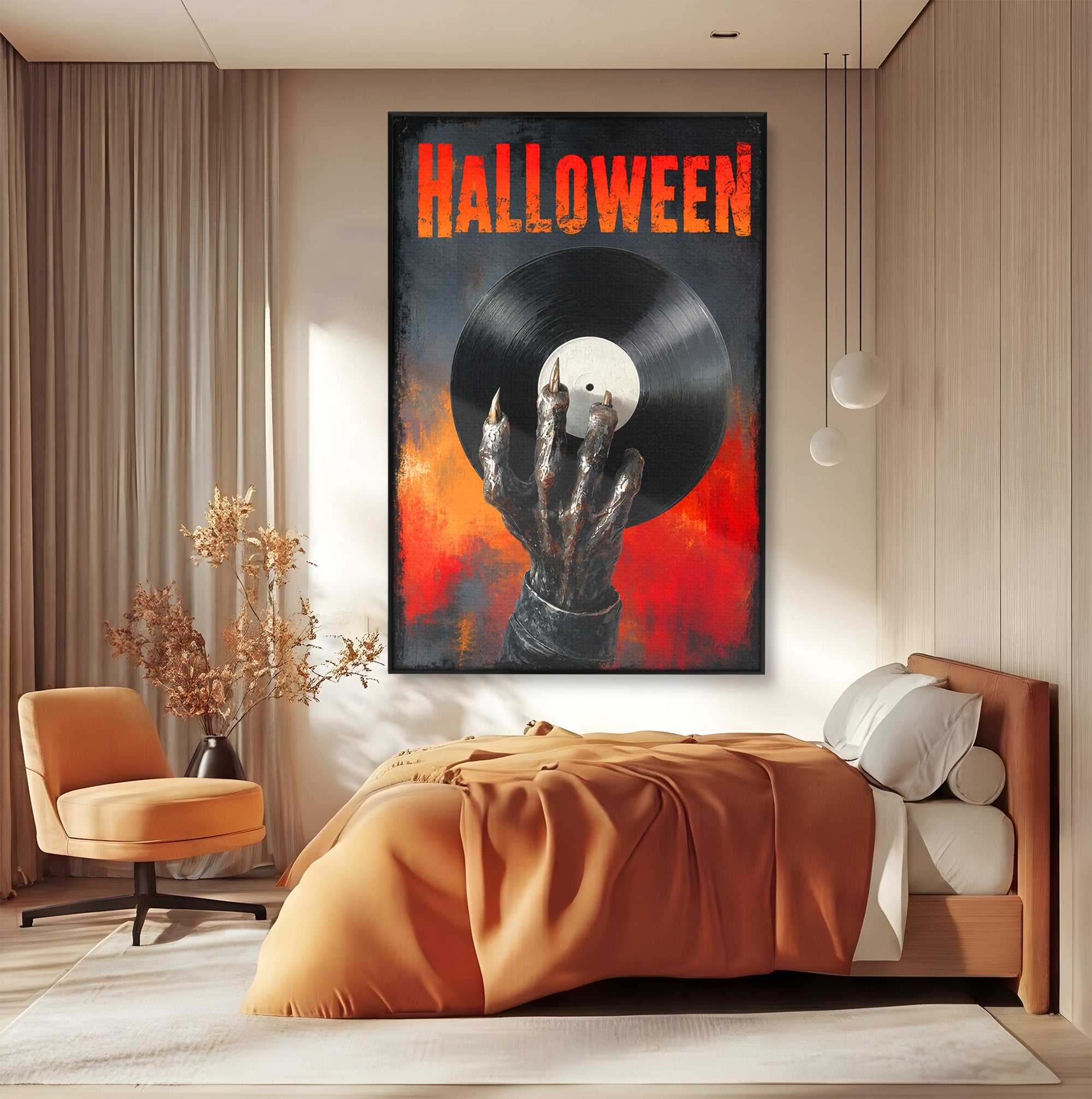 Tablou Canvas Premium LuxCanva® R1038, Mana Demonica Cu Disc Vinil, Mana, Vinil, Demonic, Halloween, Living, Culori Vibrante