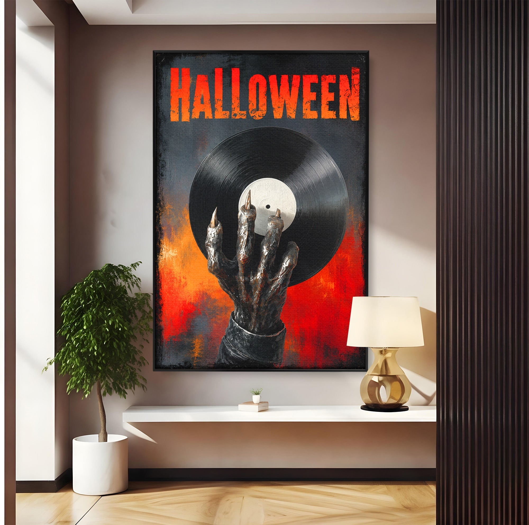 Tablou Canvas Premium LuxCanva® R1038, Mana Demonica Cu Disc Vinil, Mana, Vinil, Demonic, Halloween, Living, Culori Vibrante