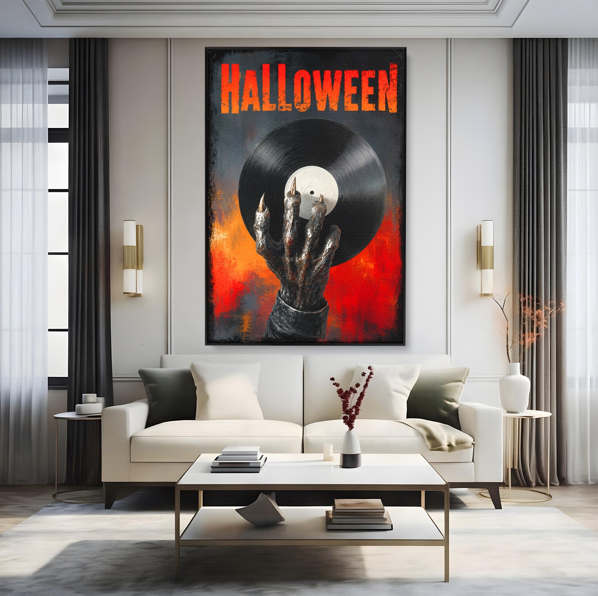 Tablou Canvas Premium LuxCanva® R1038, Mana Demonica Cu Disc Vinil, Mana, Vinil, Demonic, Halloween, Living, Culori Vibrante