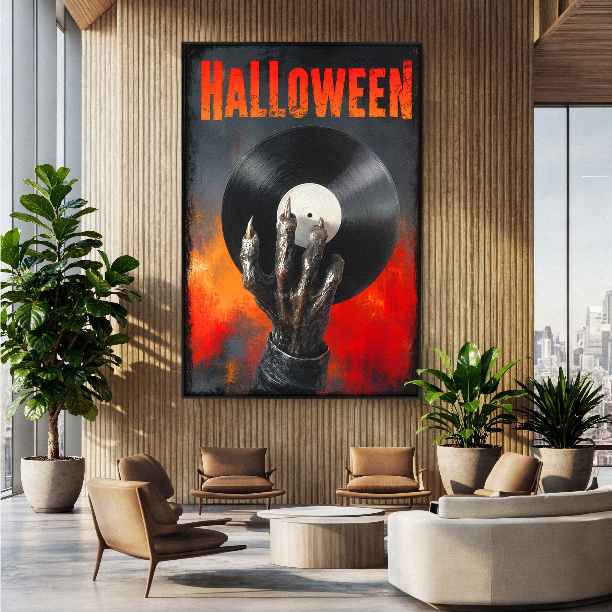 Tablou Canvas Premium LuxCanva® R1038, Mana Demonica Cu Disc Vinil, Mana, Vinil, Demonic, Halloween, Living, Culori Vibrante